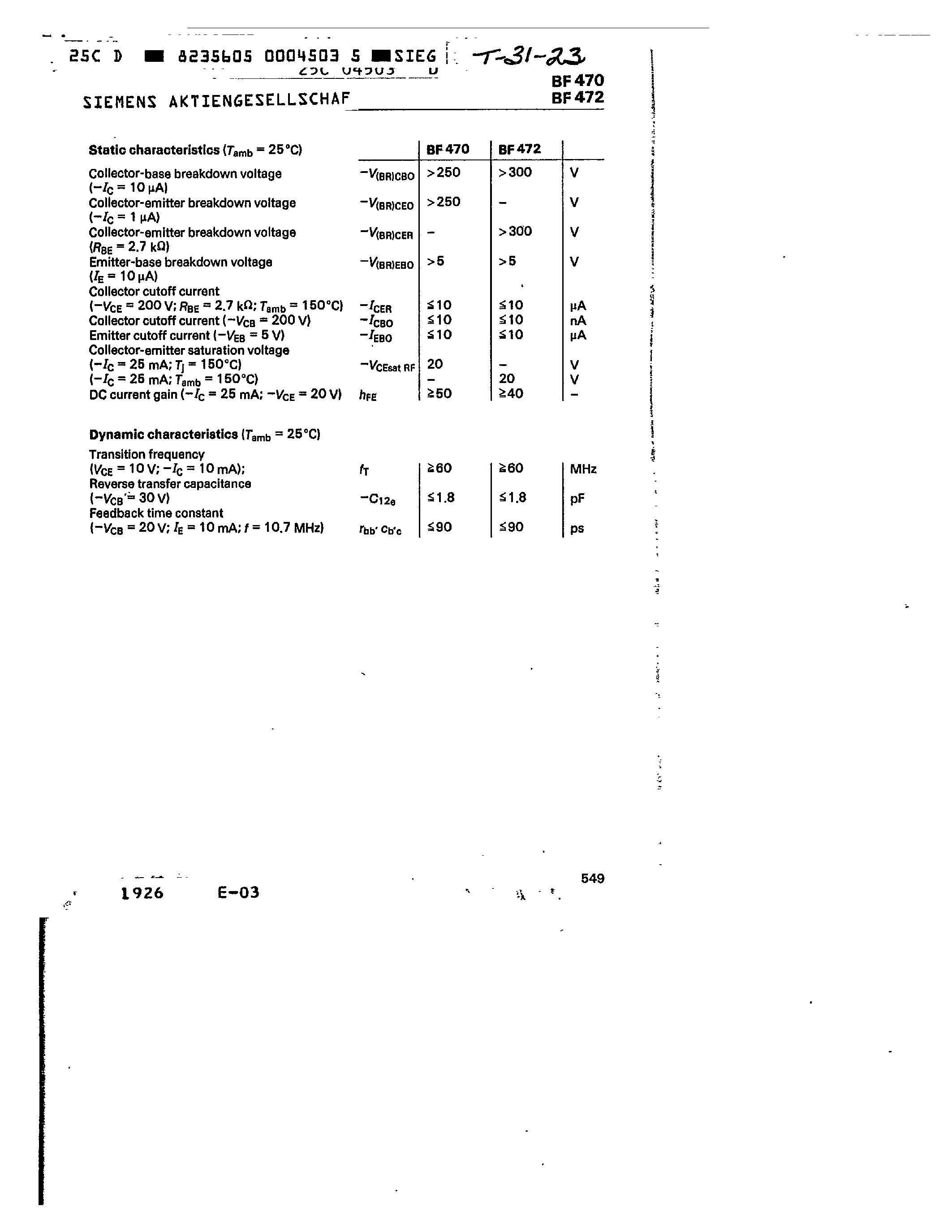 Даташит BF470 - PNP SILICON PLANAR TRANSISTORS страница 2