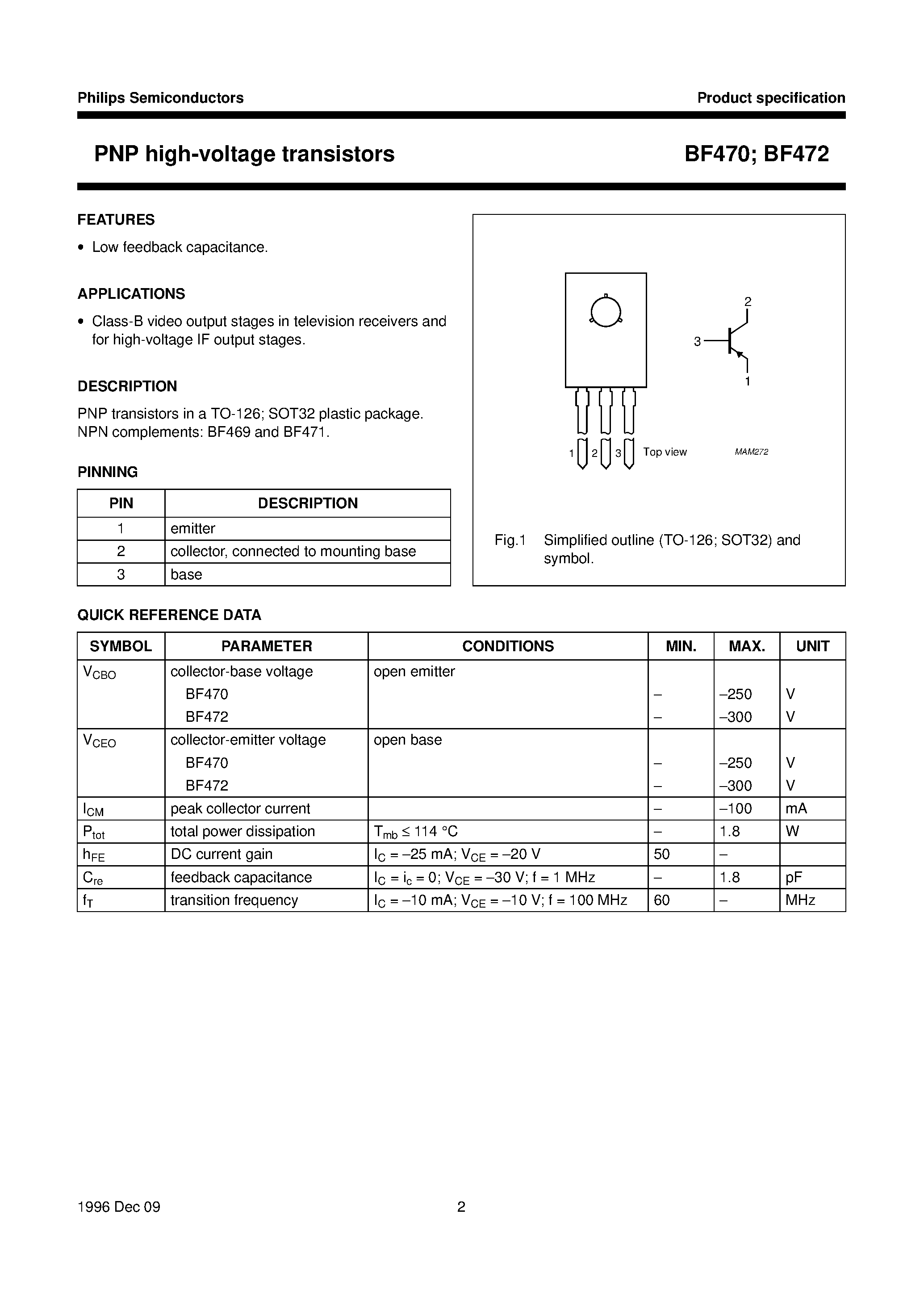 Даташит BF472 - PNP high-voltage transistors страница 2