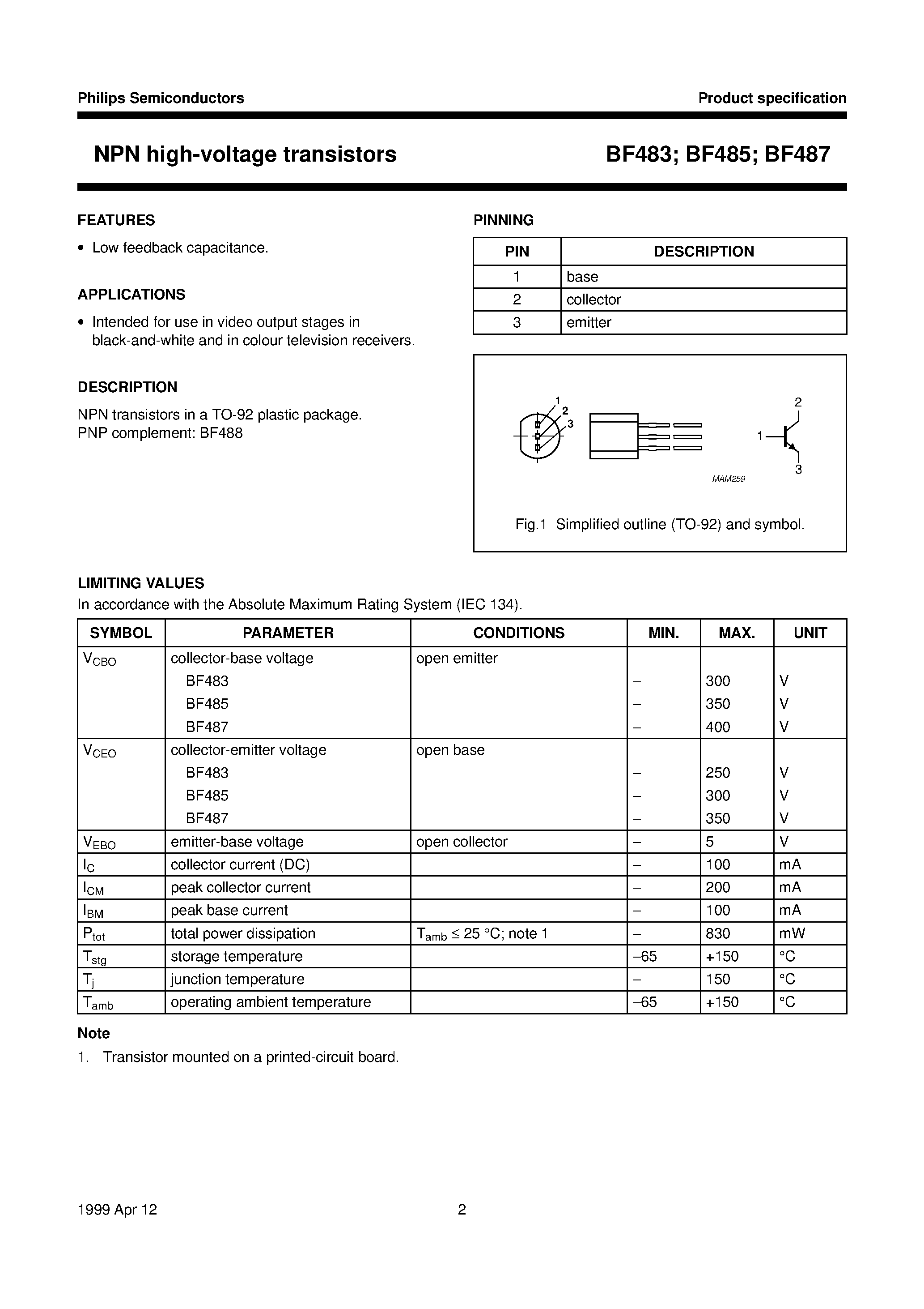 Даташит BF487 - NPN high-voltage transistors страница 2