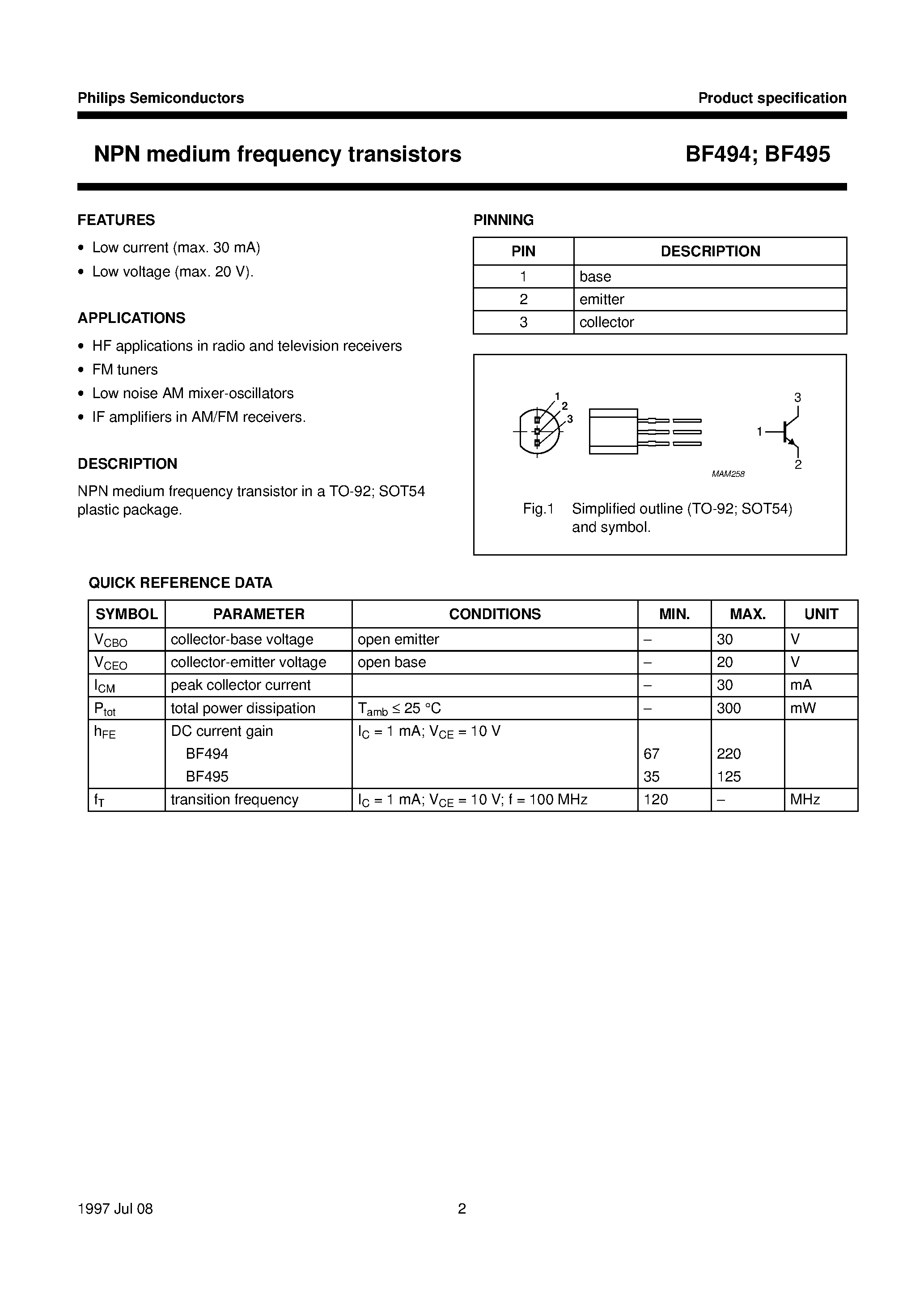 Даташит BF495 - NPN medium frequency transistors страница 2