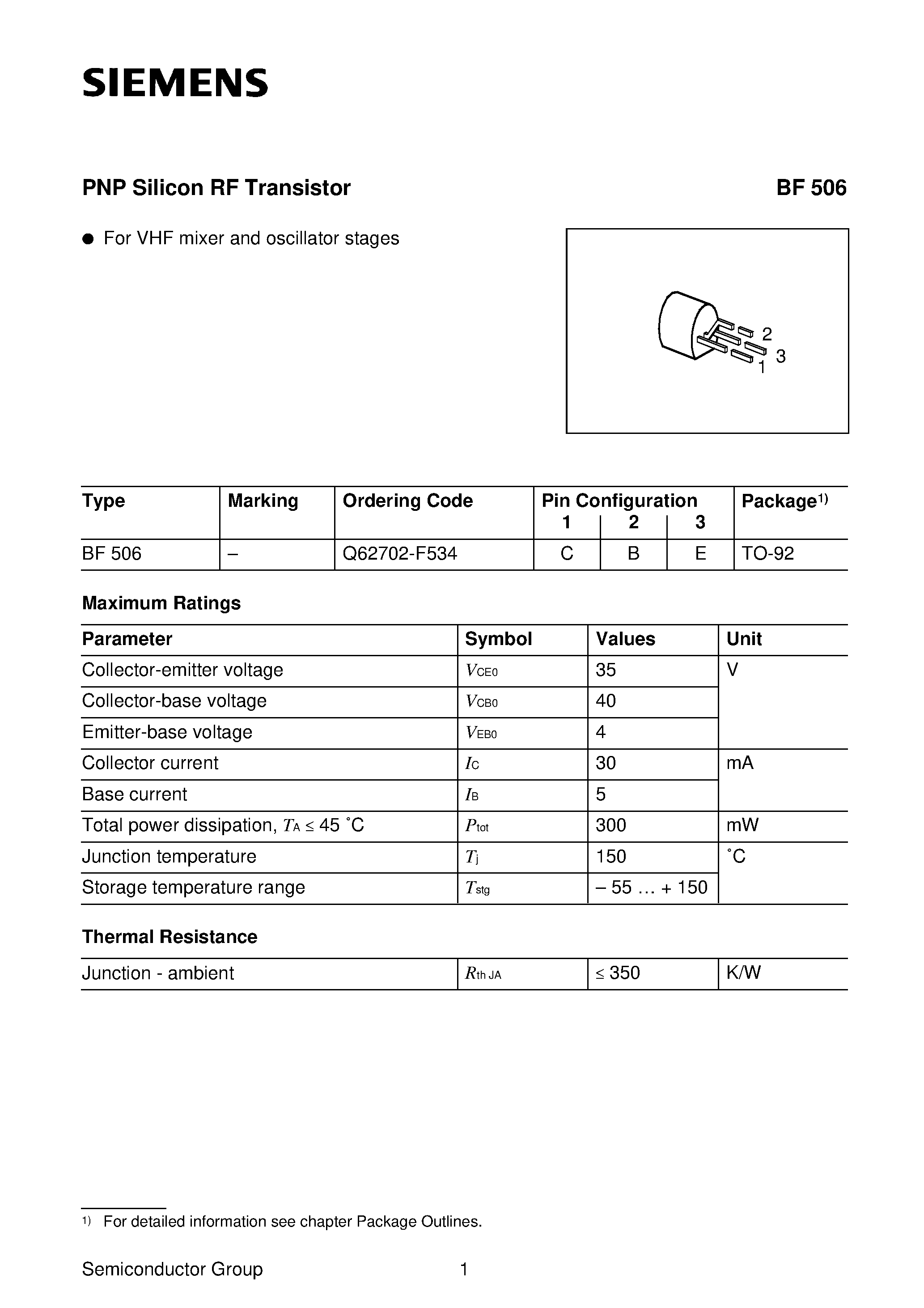 Datasheet BF506 - PNP Silicon RF Transistor (For VHF mixer and oscillator stages) page 1