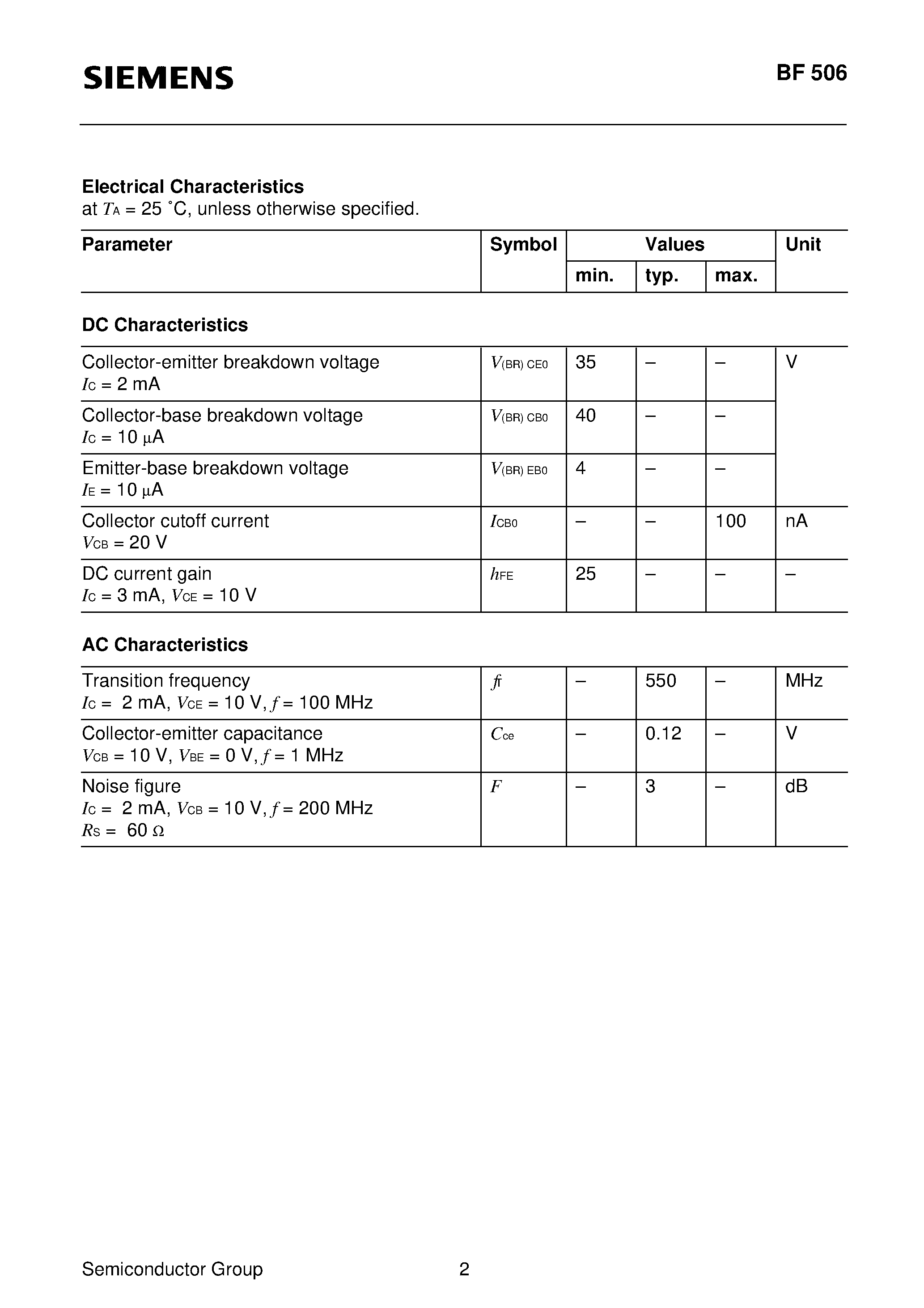 Datasheet BF506 - PNP Silicon RF Transistor (For VHF mixer and oscillator stages) page 2