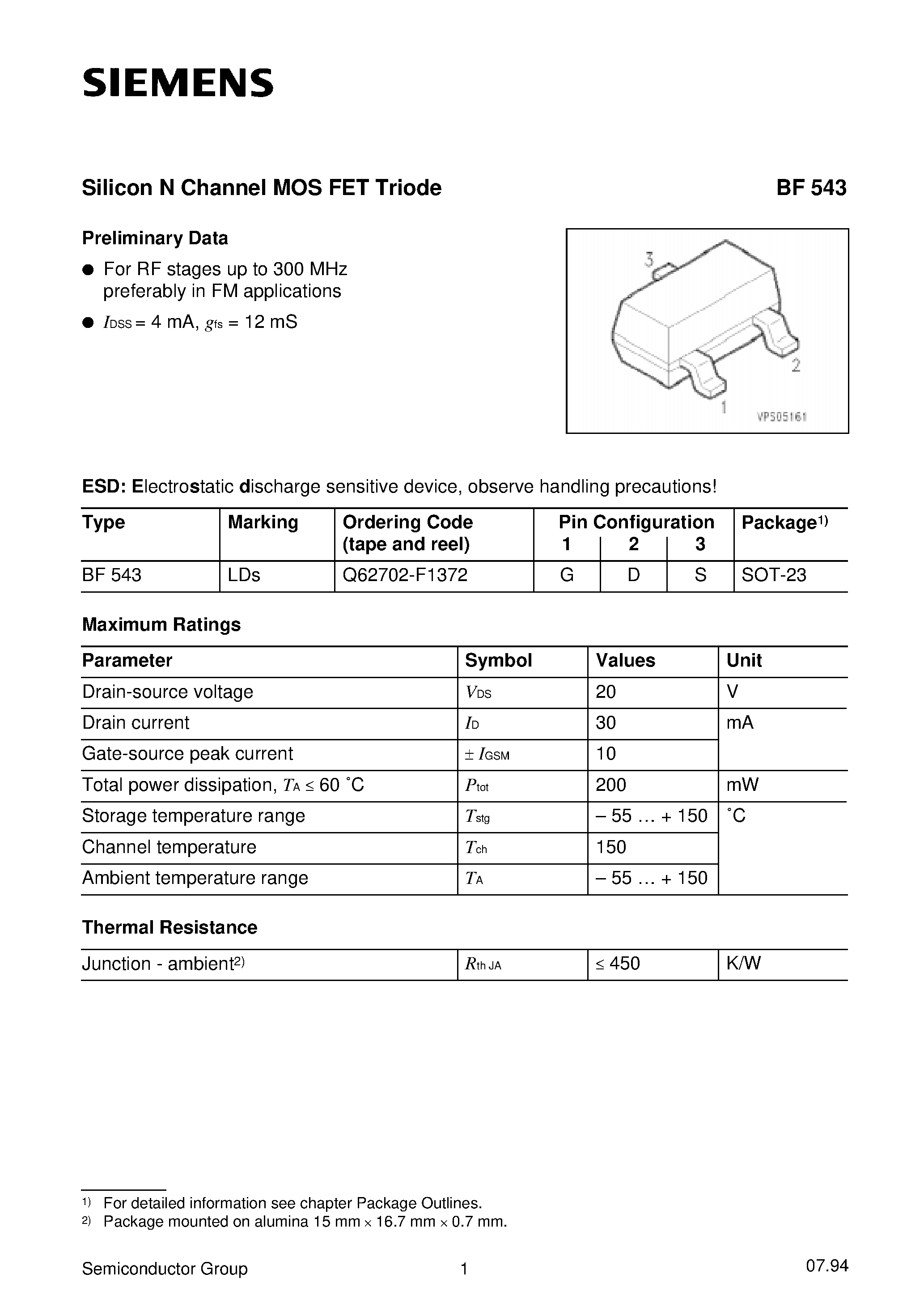 Datasheet BF543 - Silicon N Channel MOS FET Triode (For RF stages up to 300 MHz preferably in FM applications) page 1