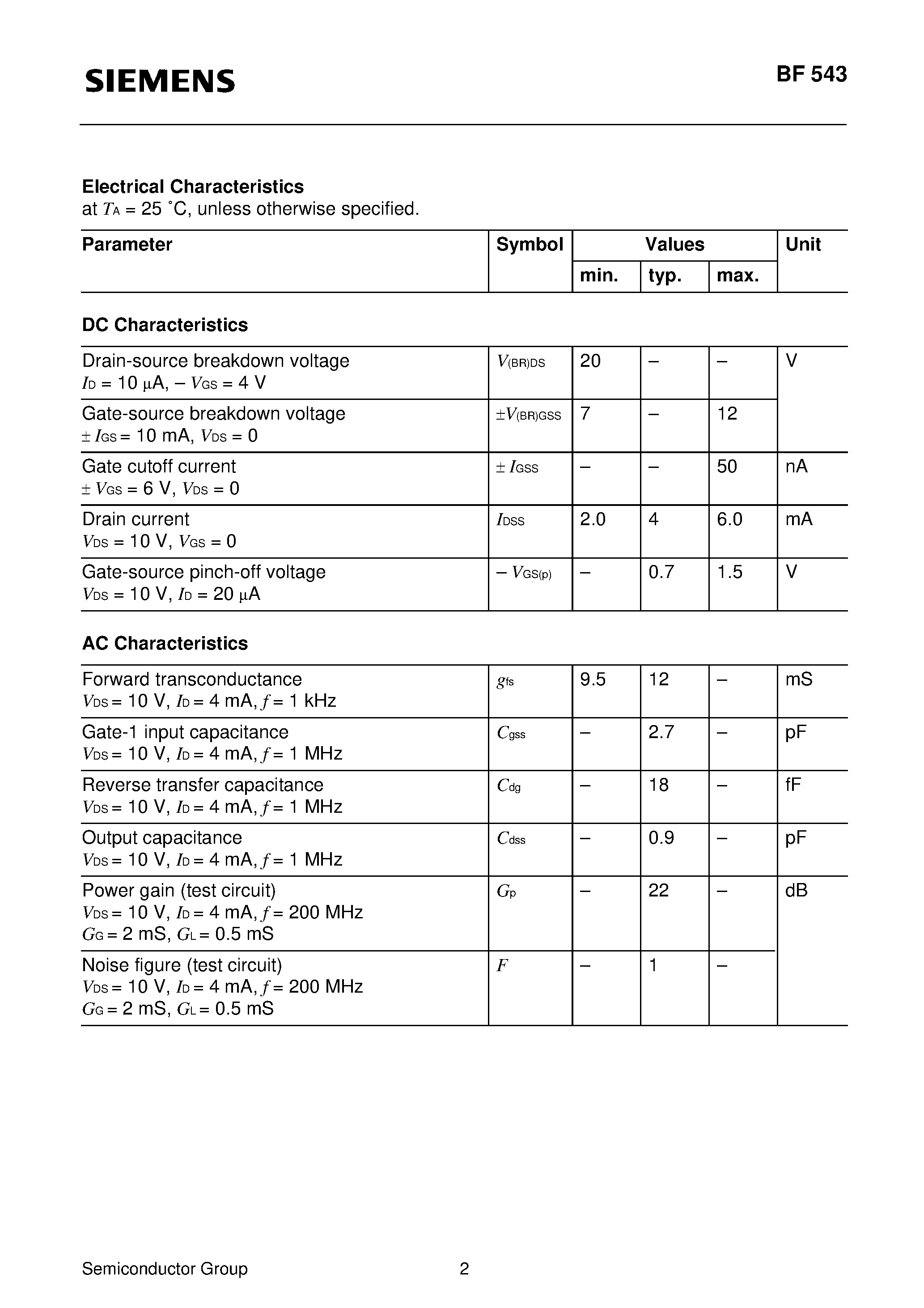 Datasheet BF543 - Silicon N Channel MOS FET Triode (For RF stages up to 300 MHz preferably in FM applications) page 2