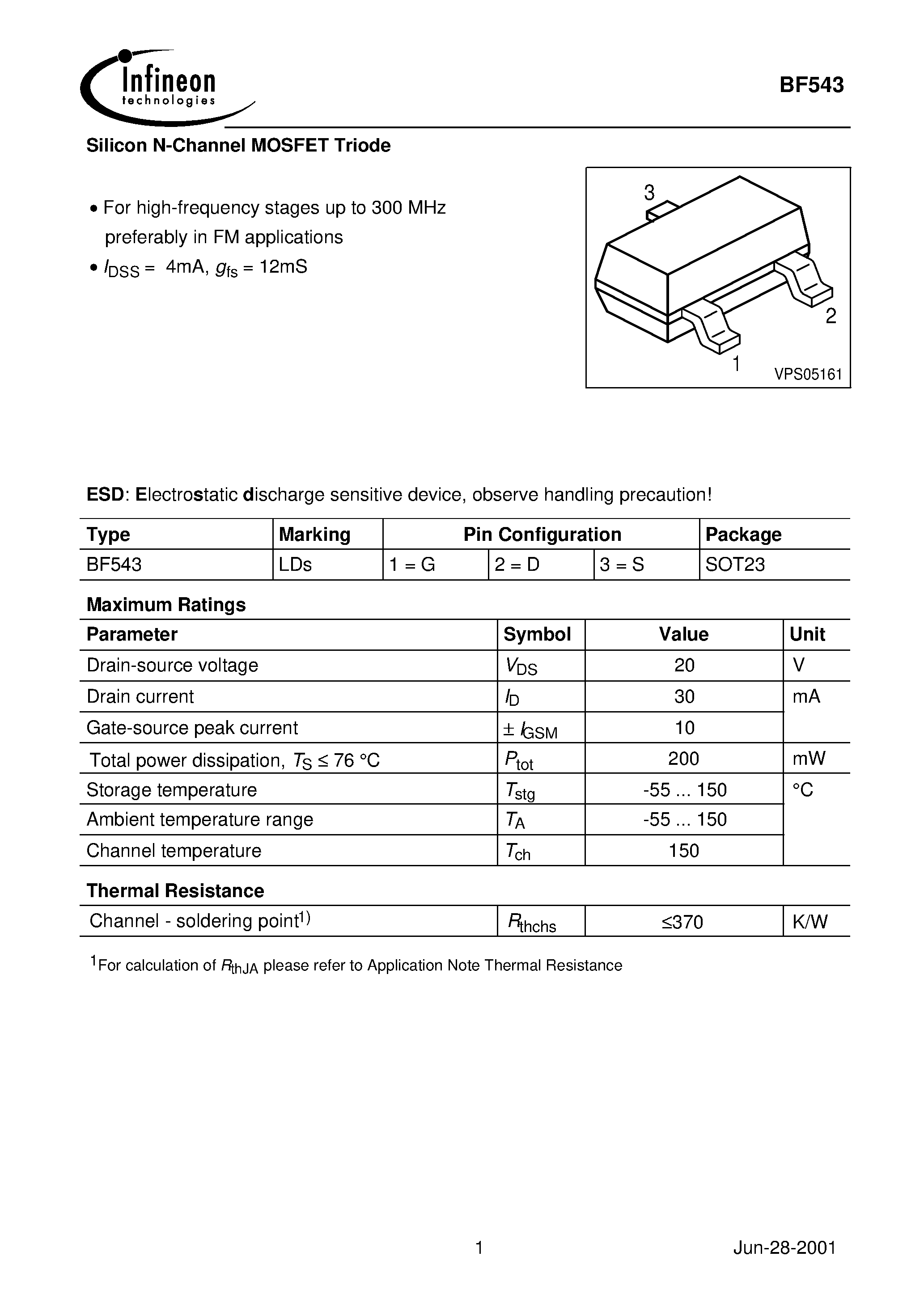 Datasheet BF543 - Silicon N-Channel MOSFET Triode page 1