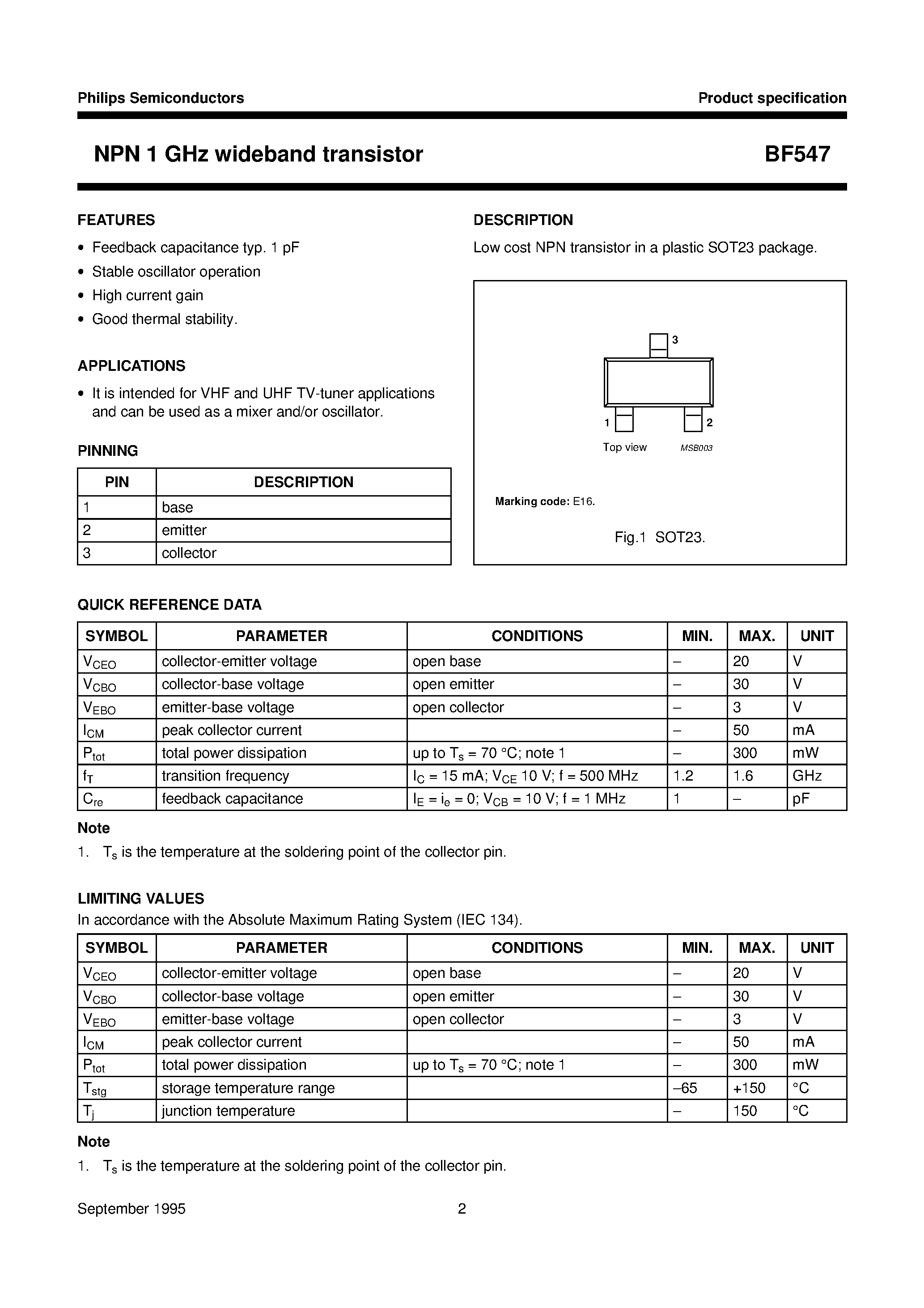 Даташит BF547 - NPN 1 GHz wideband transistor страница 2
