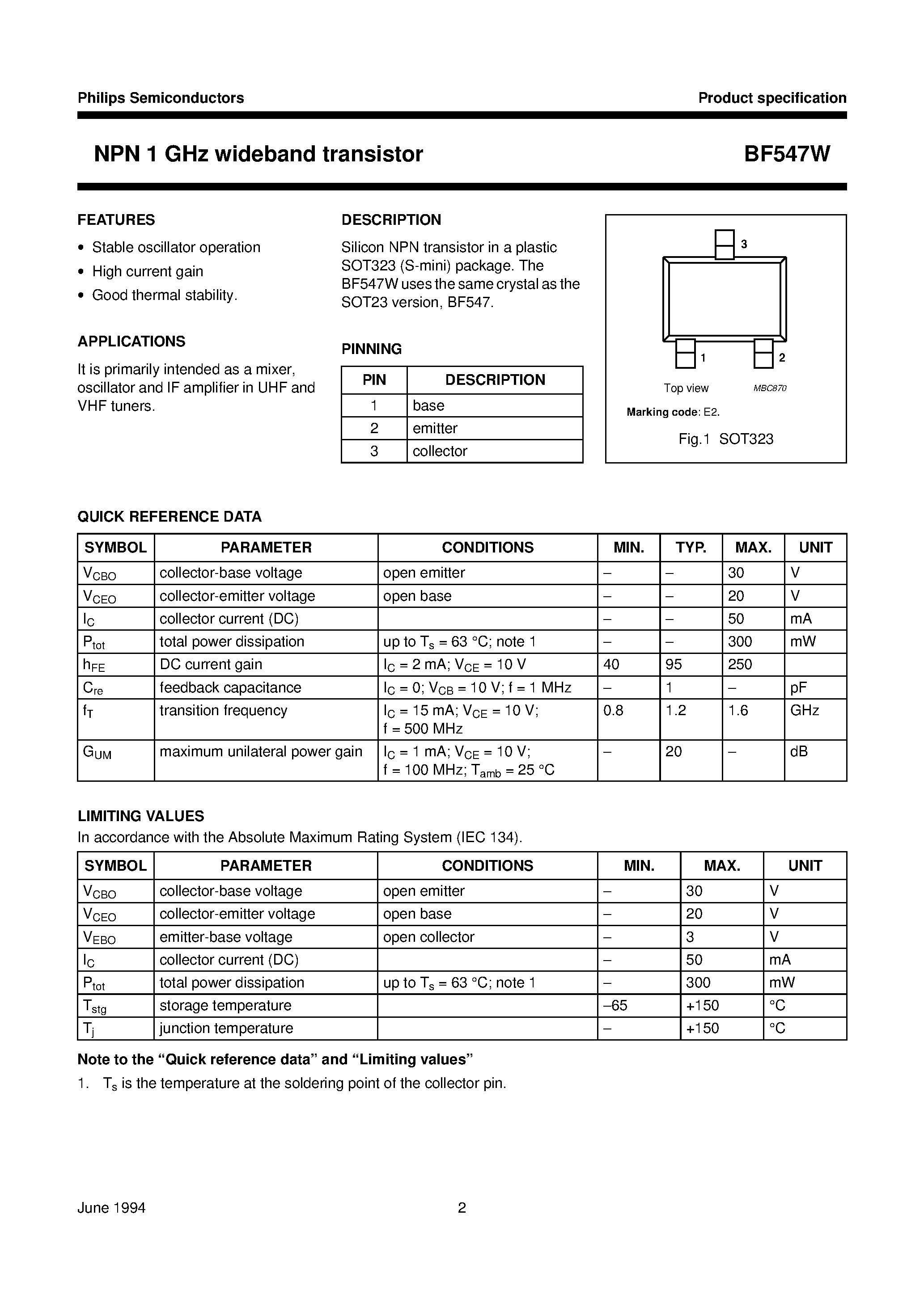 Даташит на микросхему BF547W страница 2 Даташит BF547W - NPN 1 GHz wideband transistor страница 2