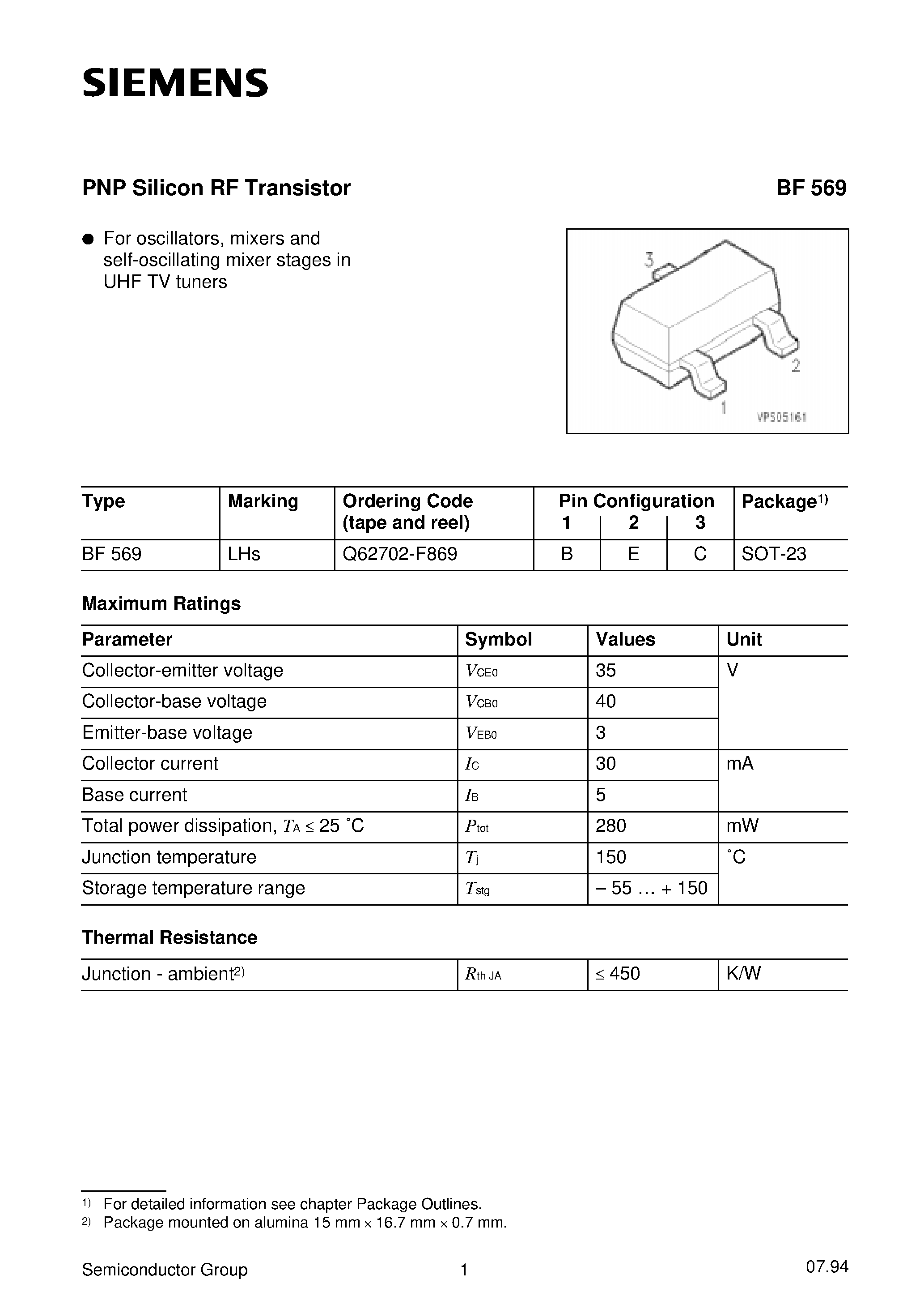 Datasheet BF569 - PNP Silicon RF Transistor (fOR OSCILLATORS/ MIXERS AND SELF-OSCILLATING MIXER STAGES IN uhf tv TUNERS) page 1