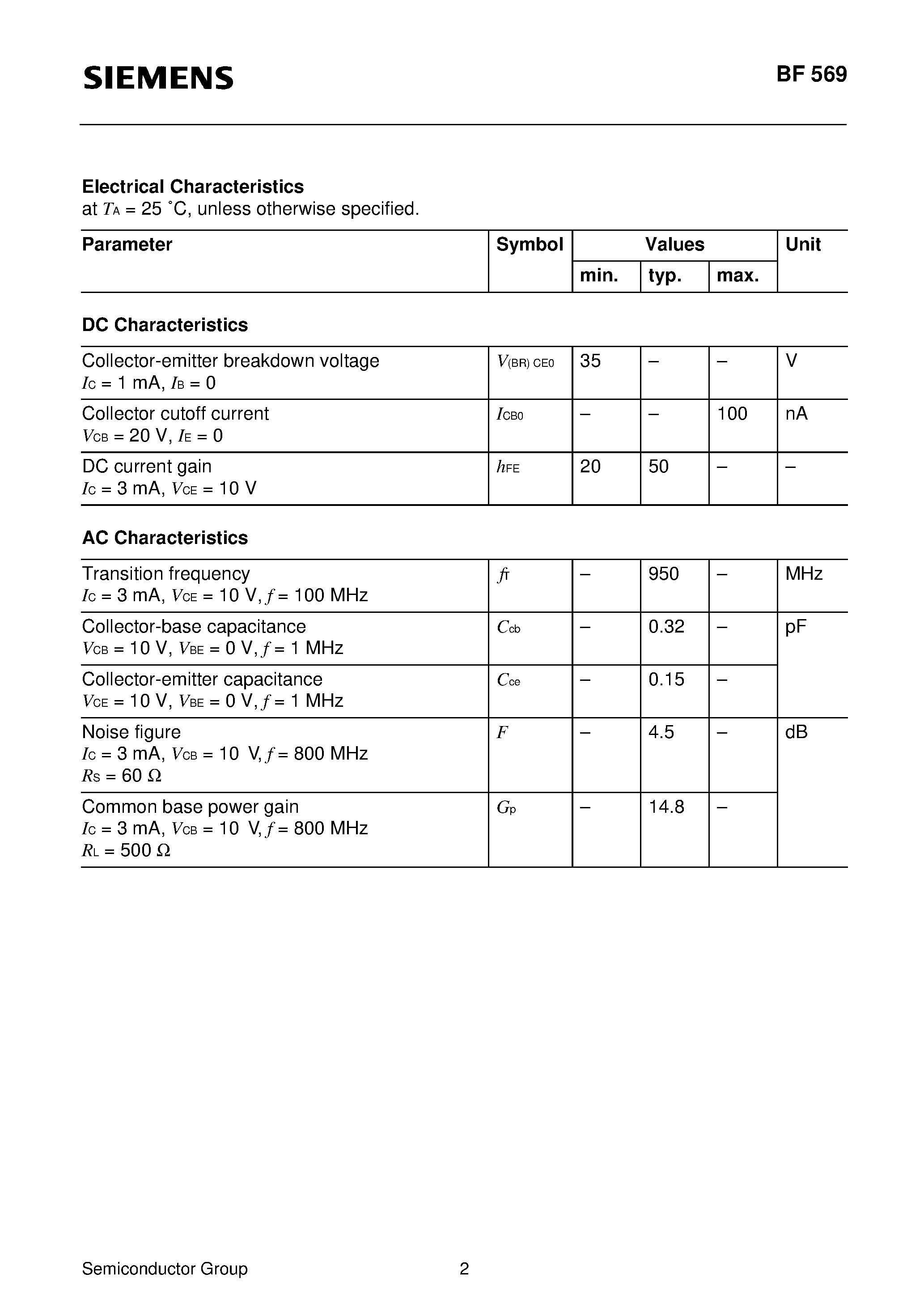 Datasheet BF569 - PNP Silicon RF Transistor (fOR OSCILLATORS/ MIXERS AND SELF-OSCILLATING MIXER STAGES IN uhf tv TUNERS) page 2