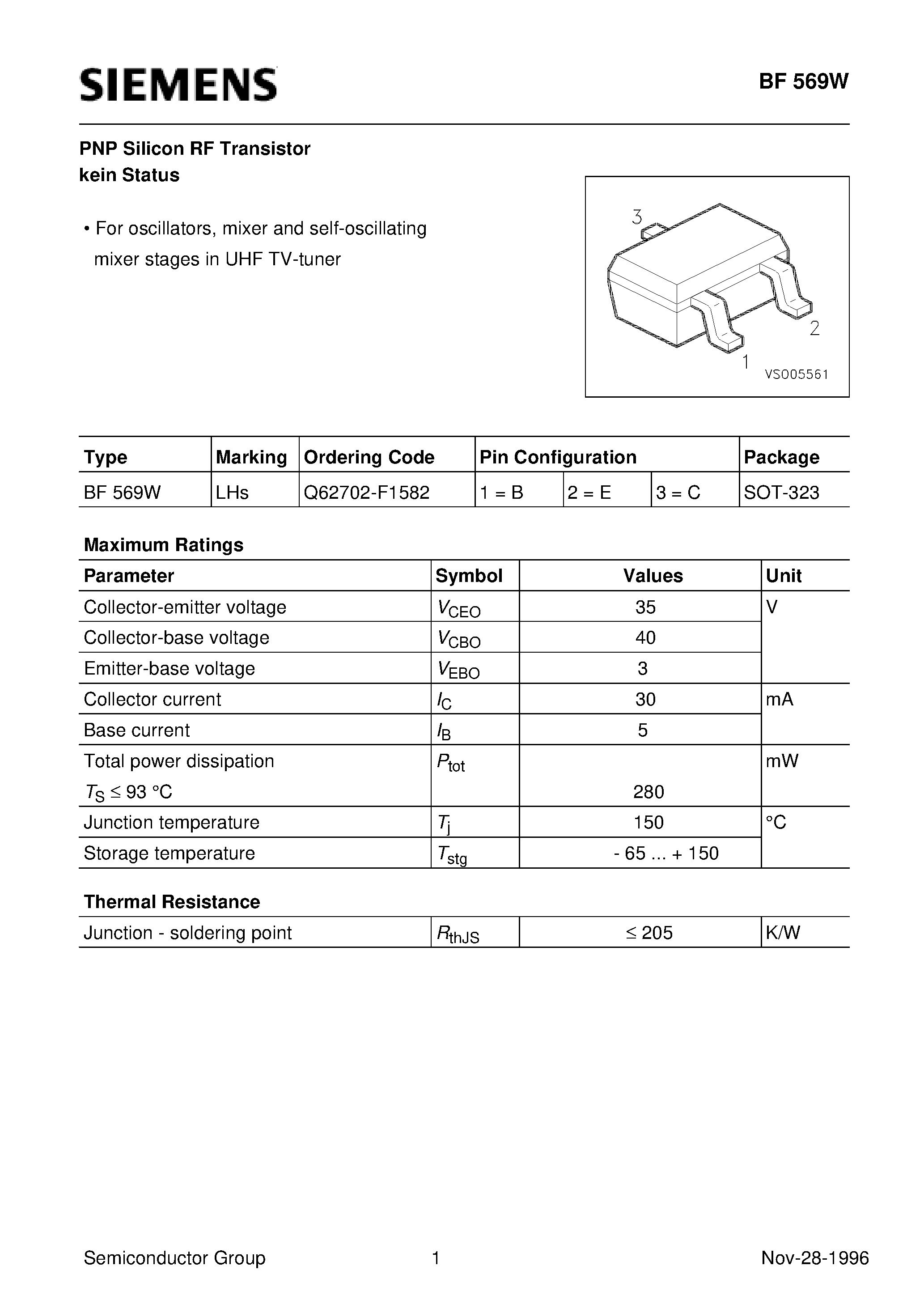 Datasheet BF569W - PNP Silicon RF Transistor (For oscillators/ mixer and self-oscillating mixer stages in UHF TV-tuner) page 1