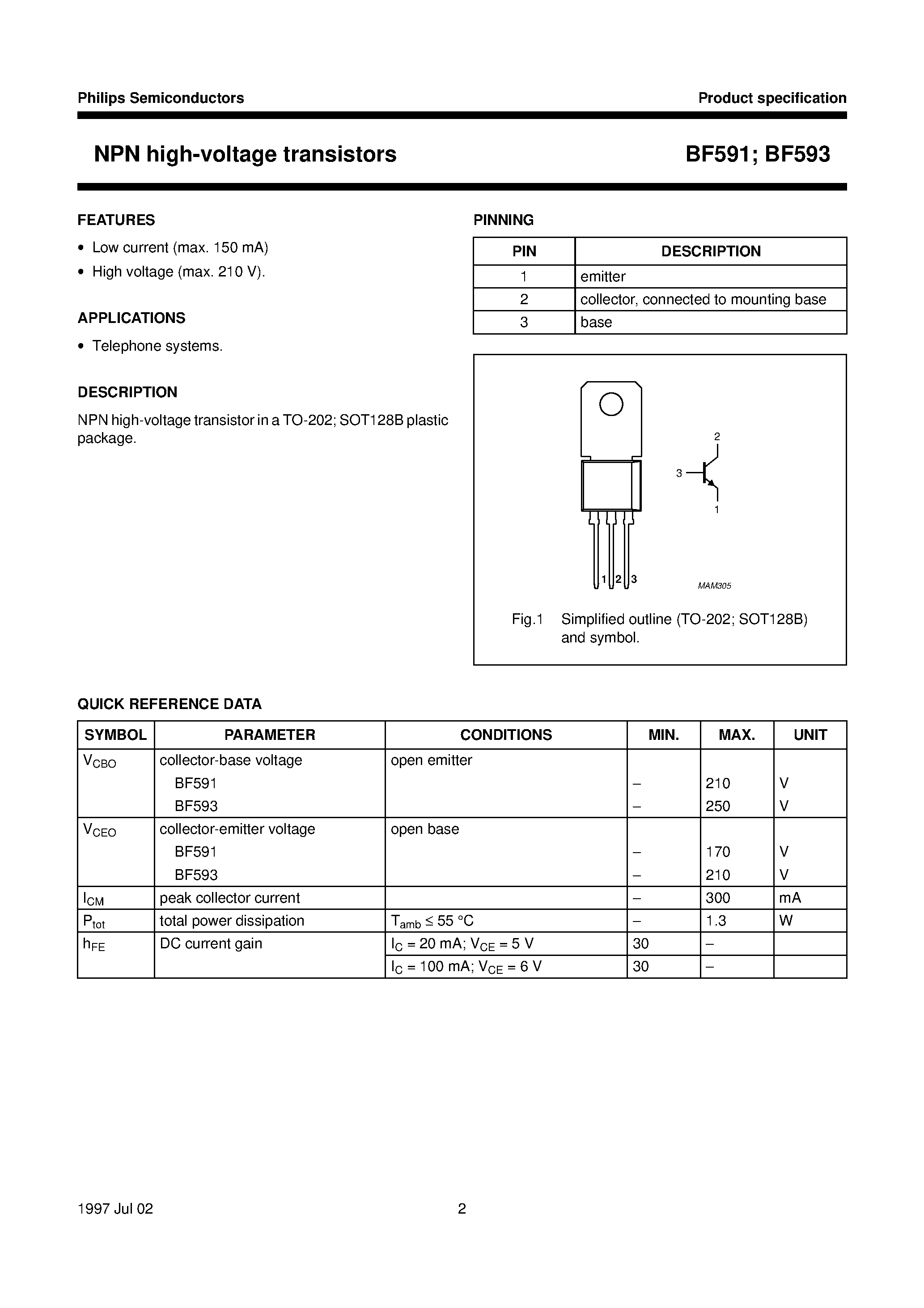 Даташит BF591 - NPN high-voltage transistors страница 2