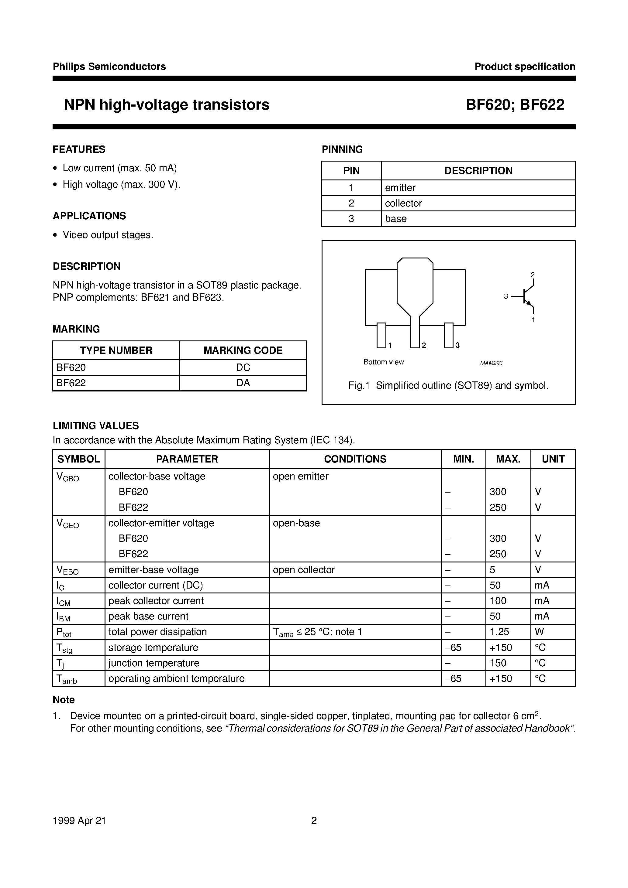 Даташит BF622 - NPN high-voltage transistors страница 2