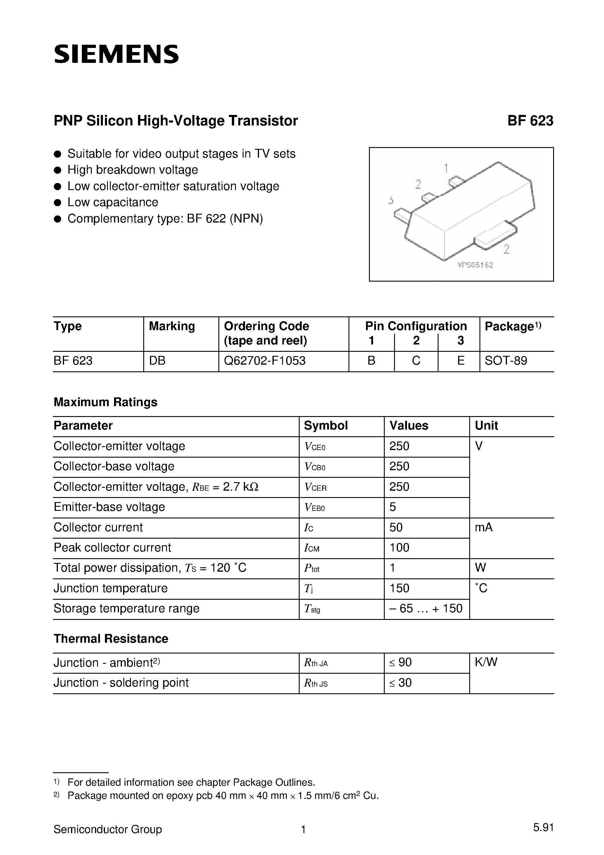 Datasheet BF623 - PNP Silicon High-Voltage Transistor (Suitable for video output stages in TV sets High breakdown voltage Low collector-emitter saturation voltage) page 1