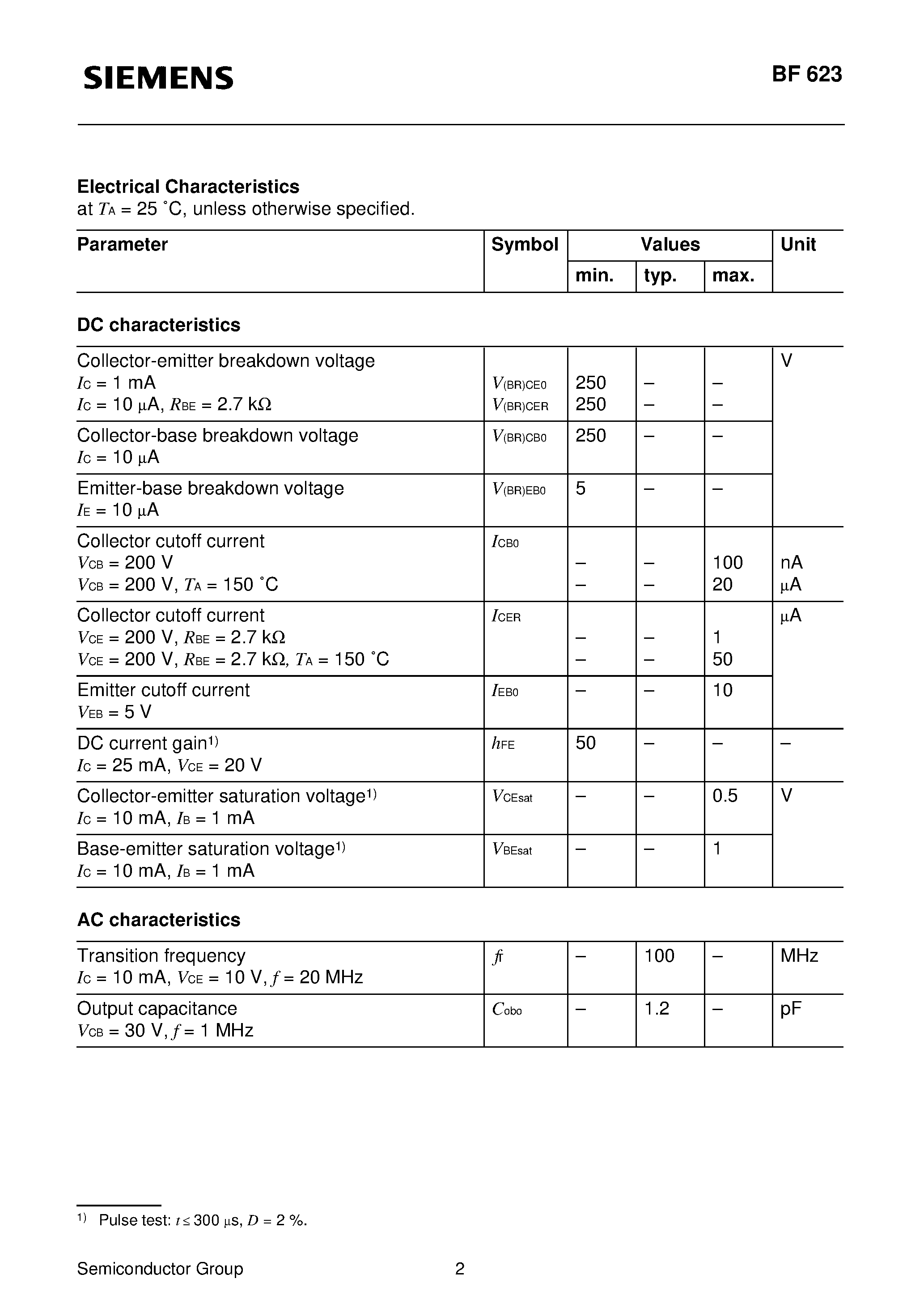Datasheet BF623 - PNP Silicon High-Voltage Transistor (Suitable for video output stages in TV sets High breakdown voltage Low collector-emitter saturation voltage) page 2