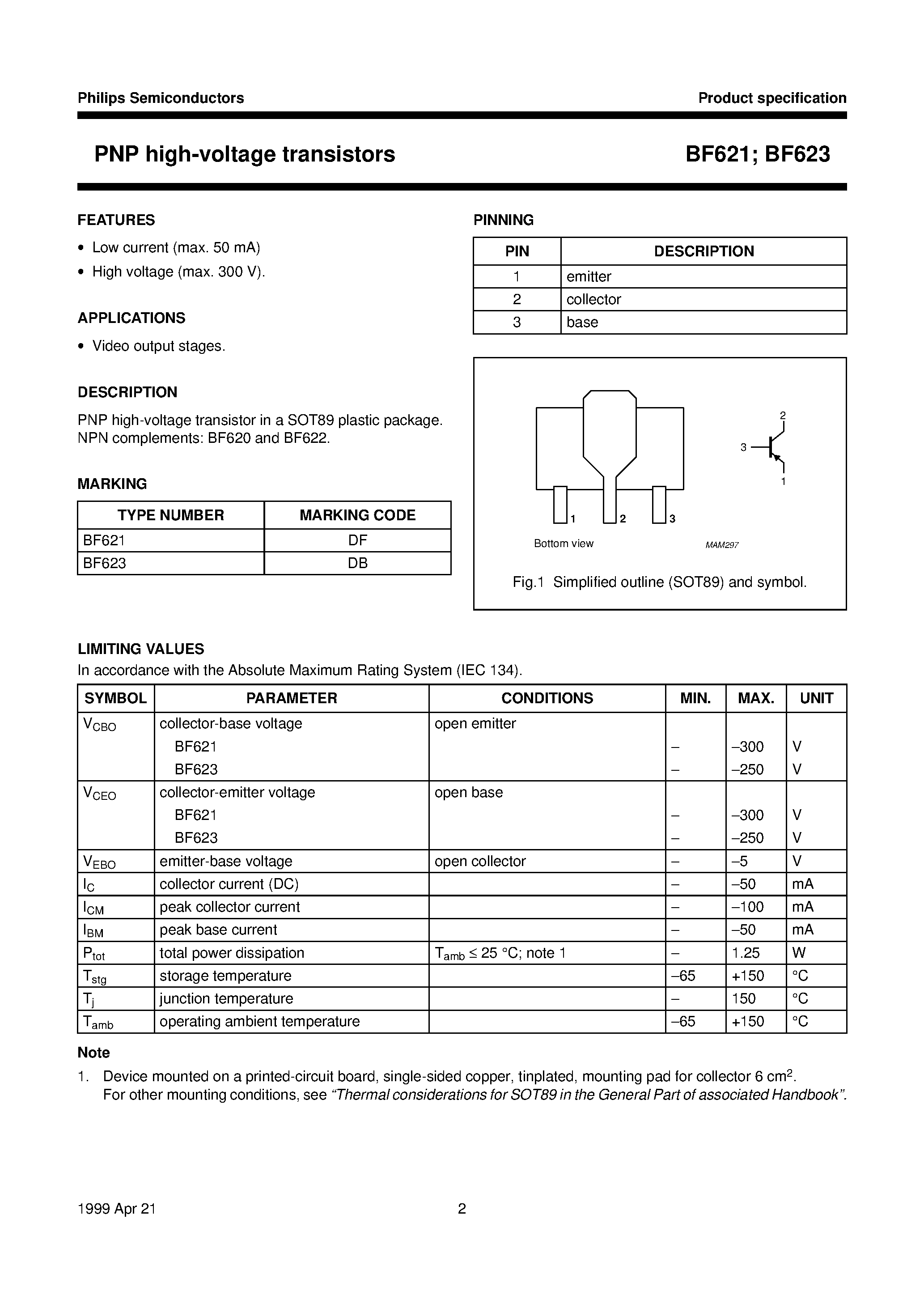 Даташит BF623 - PNP high-voltage transistors страница 2