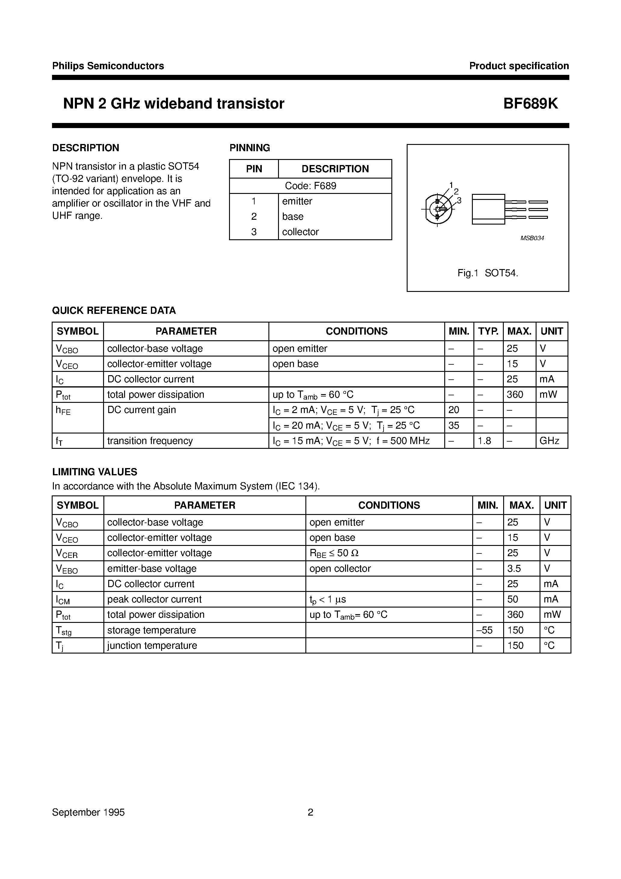 Даташит на микросхему BF689K страница 2 Даташит BF689K - NPN 2 GHz wideband transistor страница 2