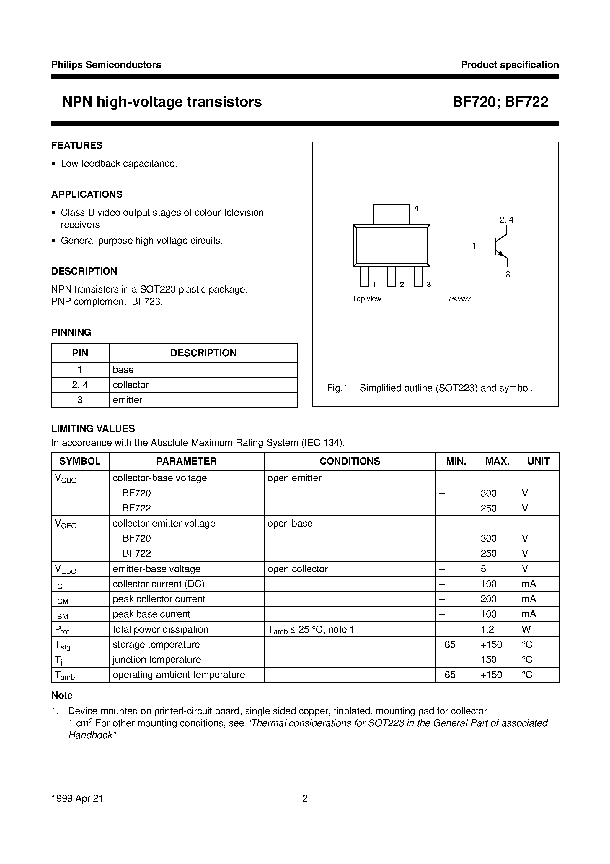 Даташит BF720 - NPN high-voltage transistors страница 2