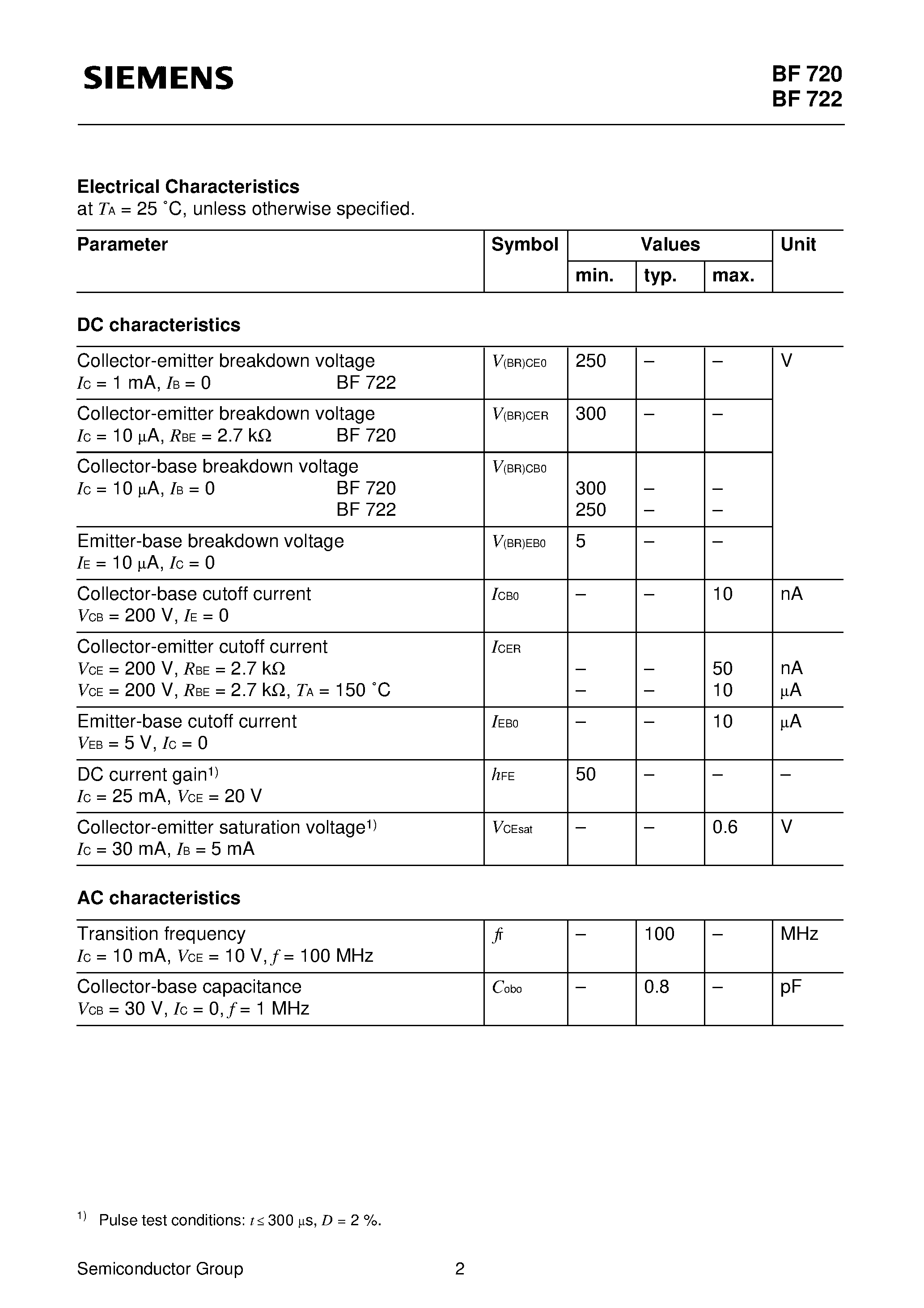 Datasheet BF720 page 2 Datasheet BF720 - NPN Silicon High-Voltage Transistors (Suitable for video output stages in TV sets and switching power supplies High breakdown voltage) page 2