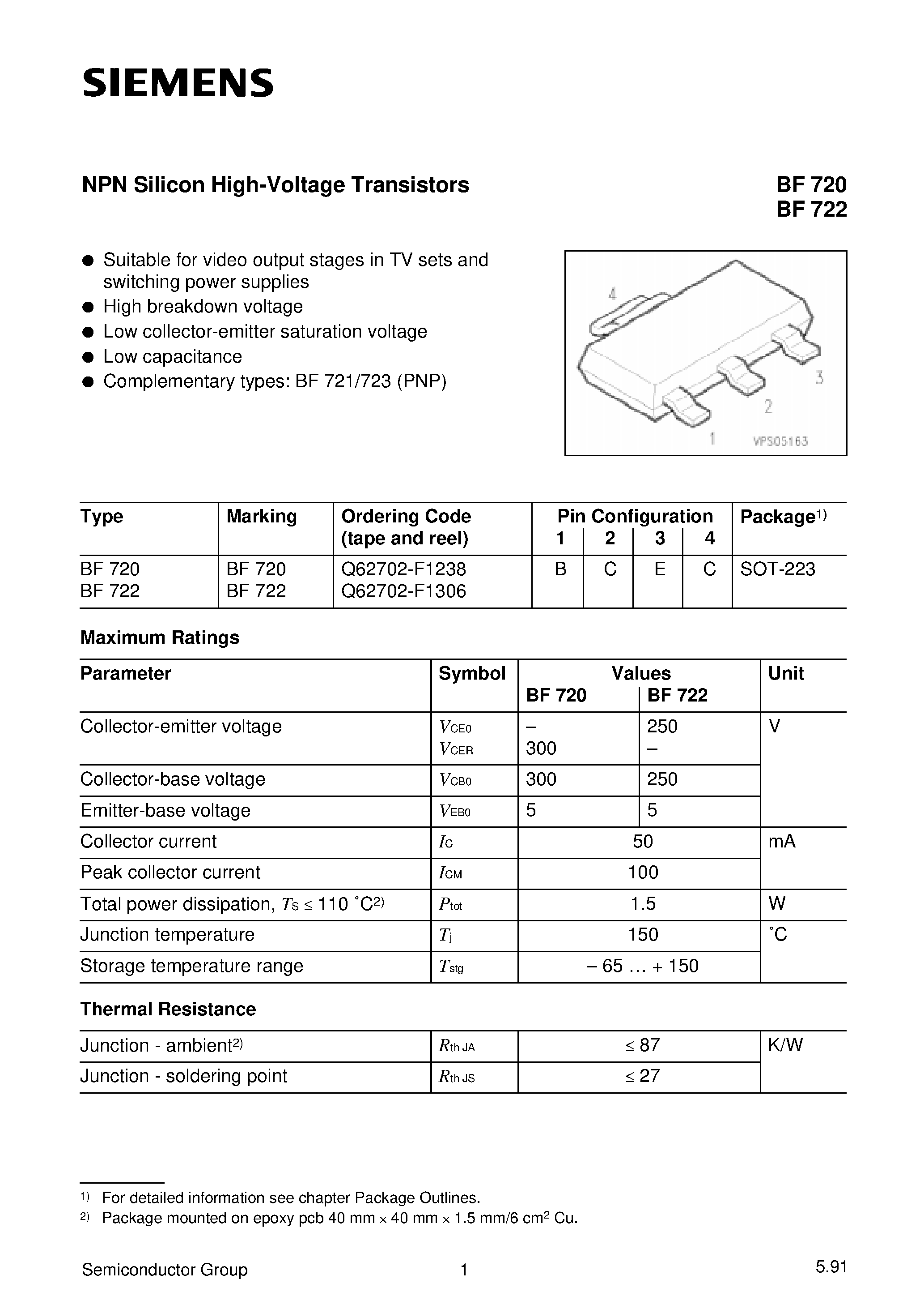 Datasheet BF722 - NPN Silicon High-Voltage Transistors (Suitable for video output stages in TV sets and switching power supplies High breakdown voltage) page 1