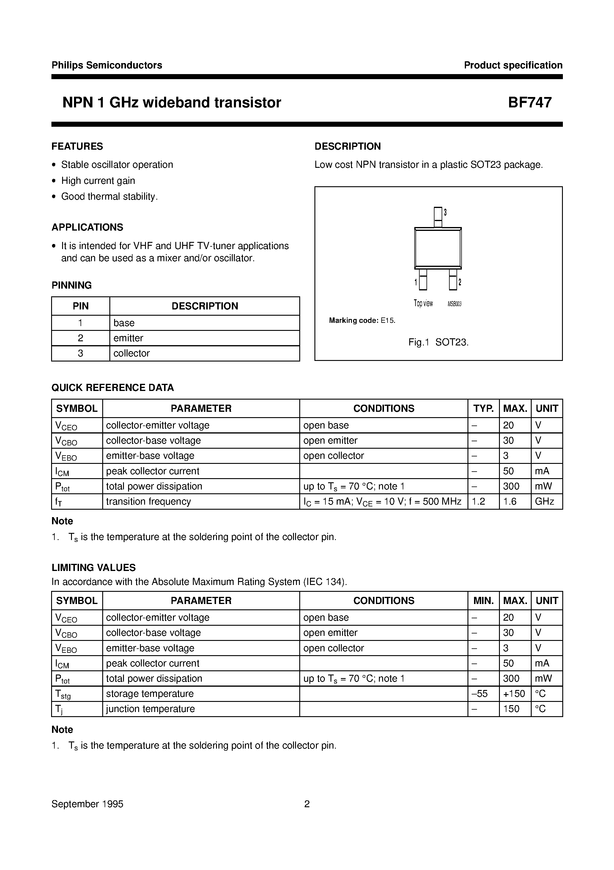 Даташит на микросхему BF747 страница 2 Даташит BF747 - NPN 1 GHz wideband transistor страница 2