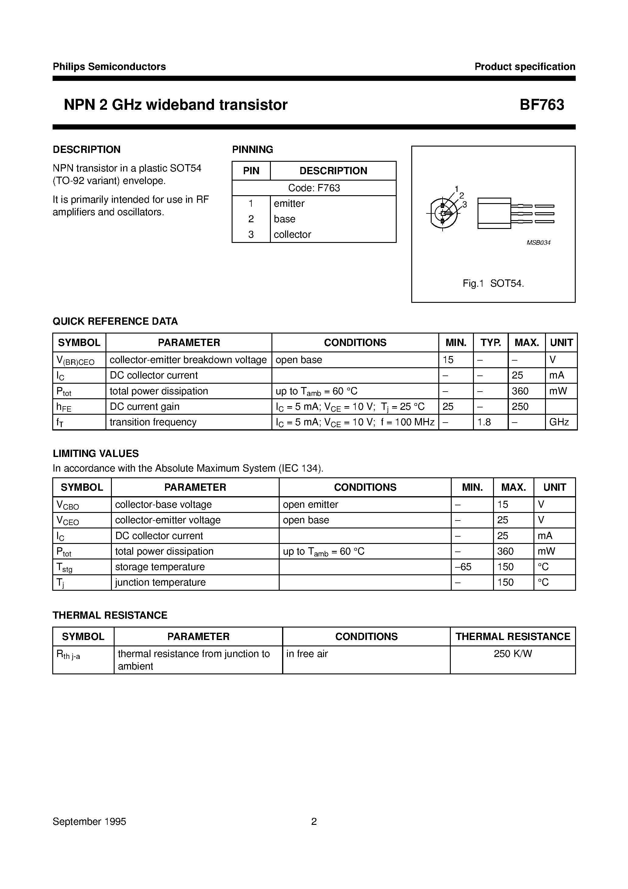 Даташит BF763 - NPN 2 GHz wideband transistor страница 2