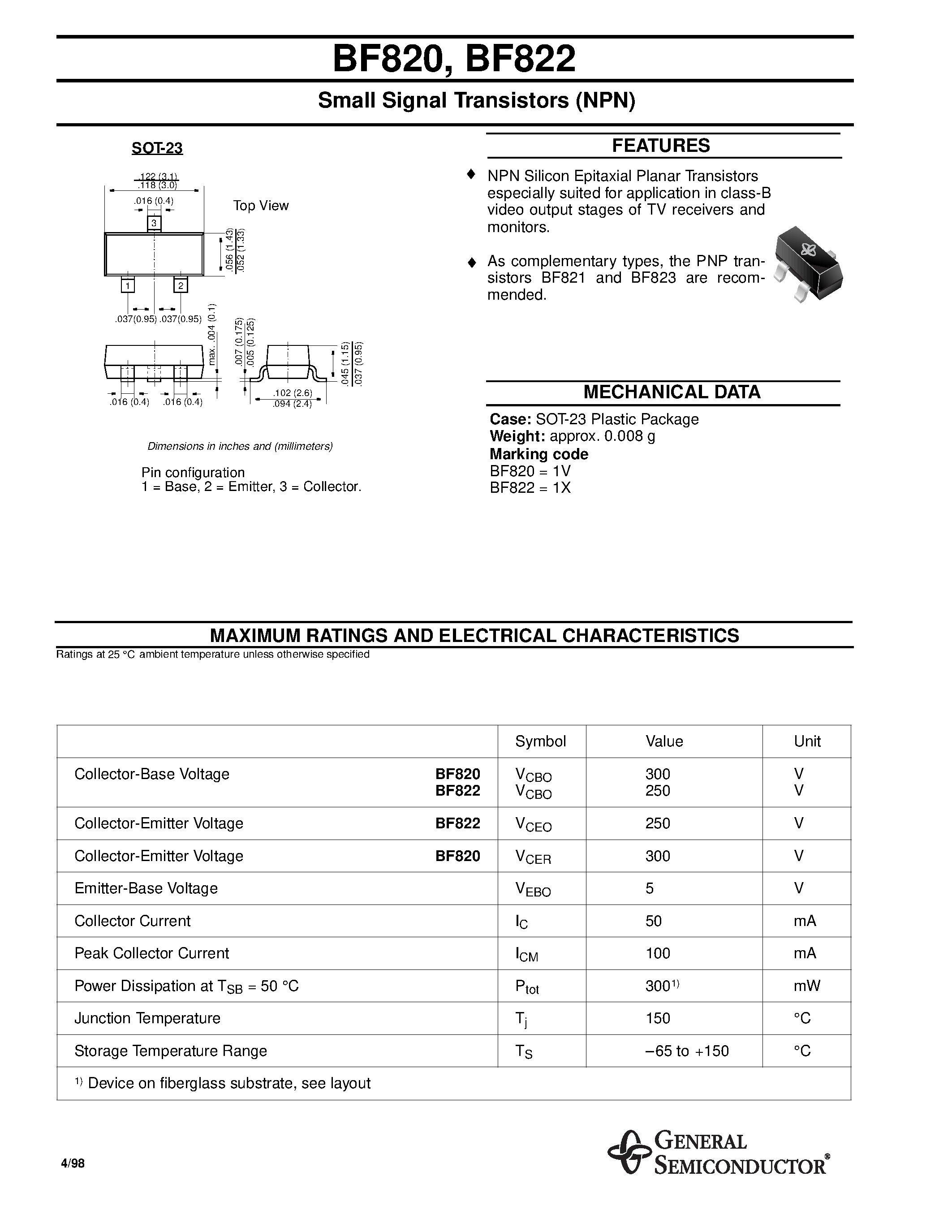 Даташит на микросхему BF820 страница 1 Даташит BF820 - Small Signal Transistors (NPN) страница 1