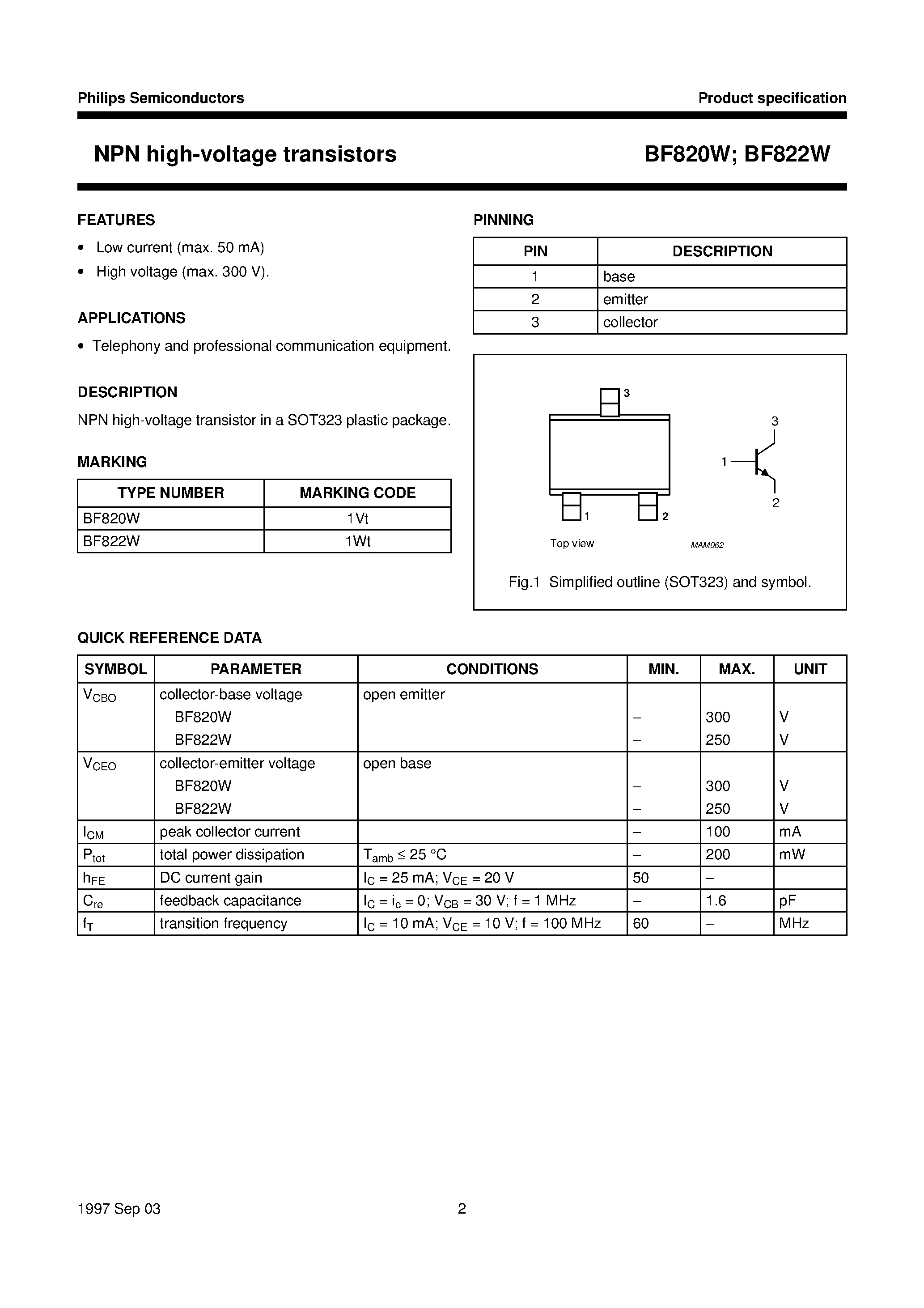 Даташит BF820W - NPN high-voltage transistors страница 2