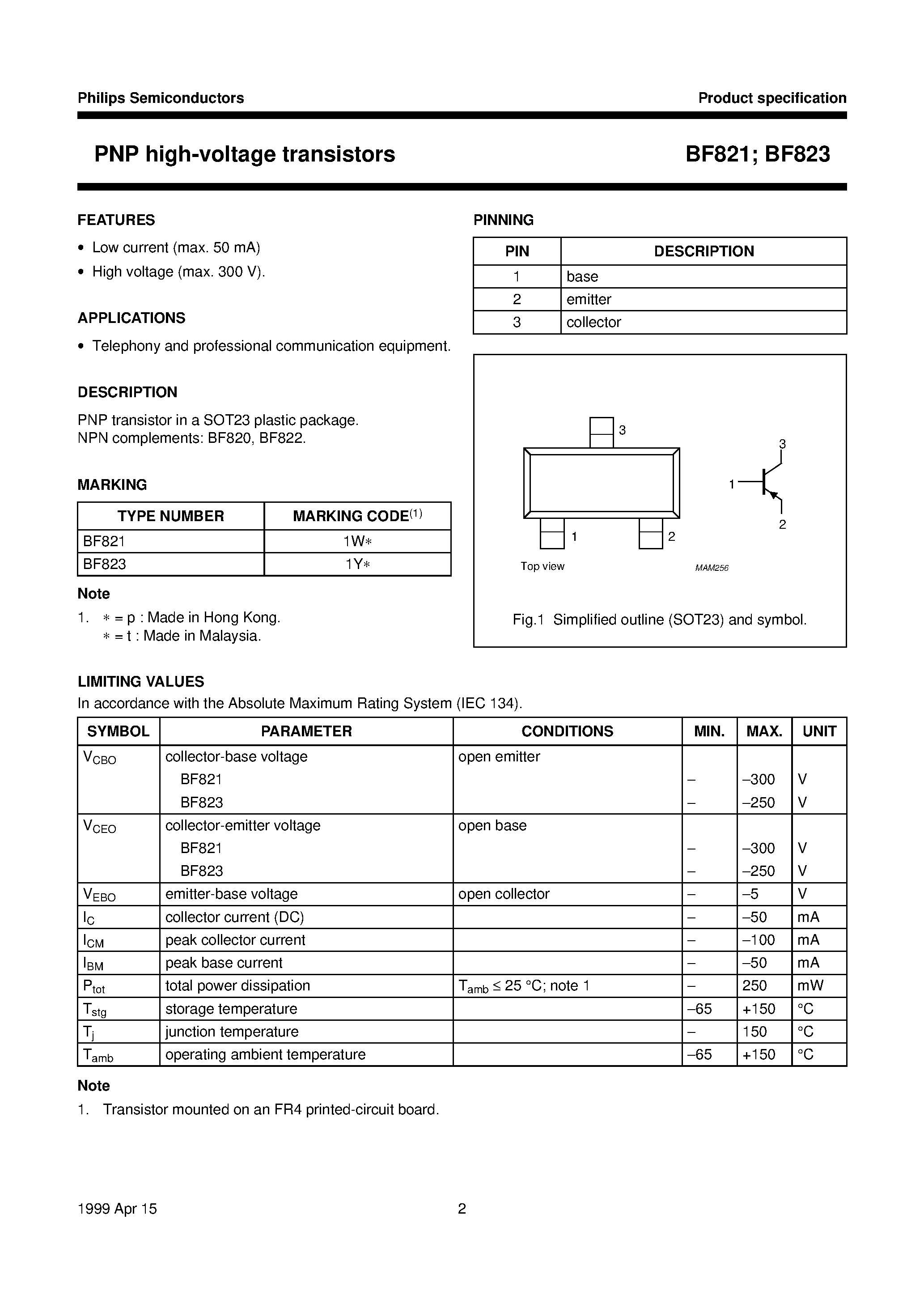 Даташит BF821 - PNP high-voltage transistors страница 2