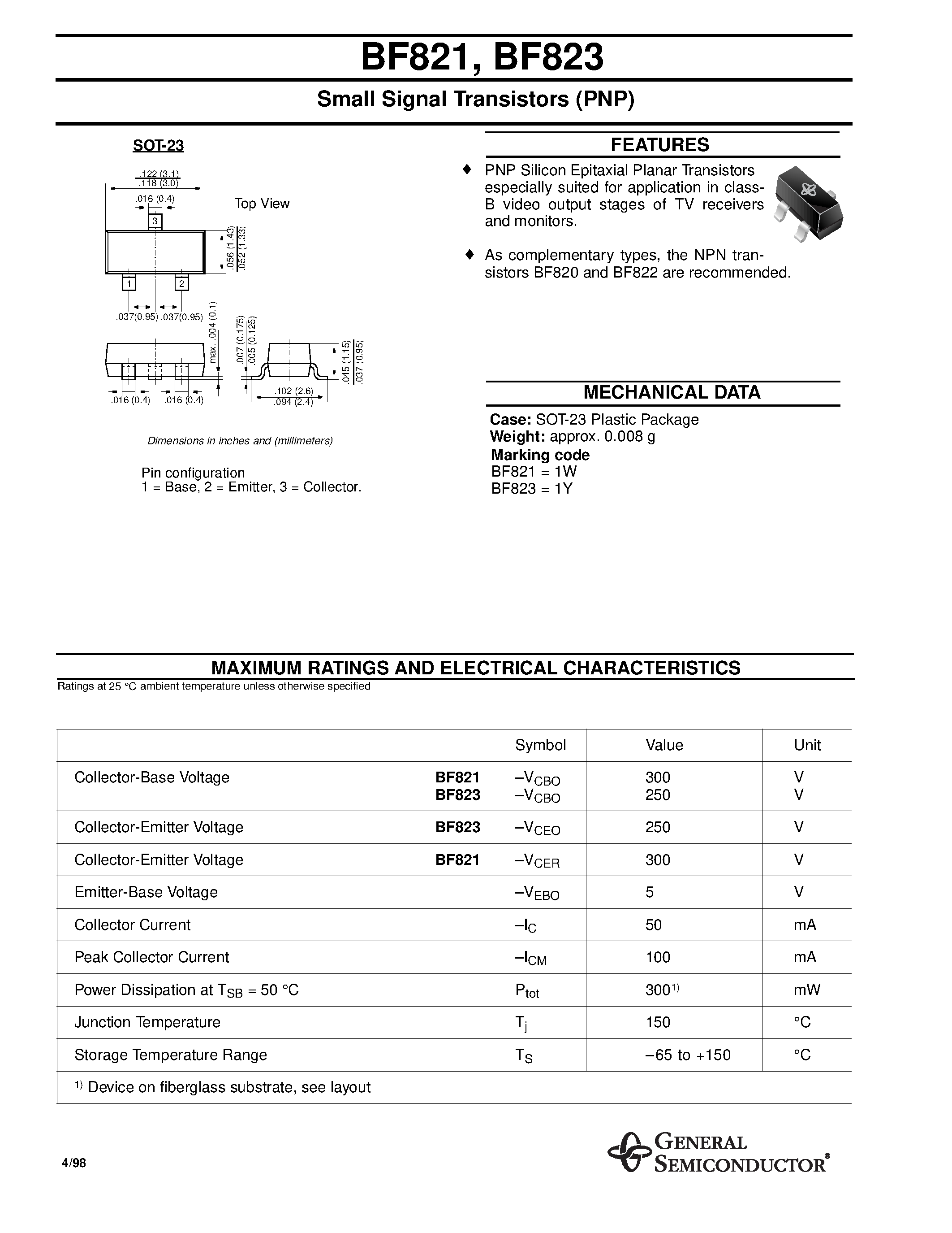 Даташит на микросхему BF821 страница 1 Даташит BF821 - Small Signal Transistors (PNP) страница 1