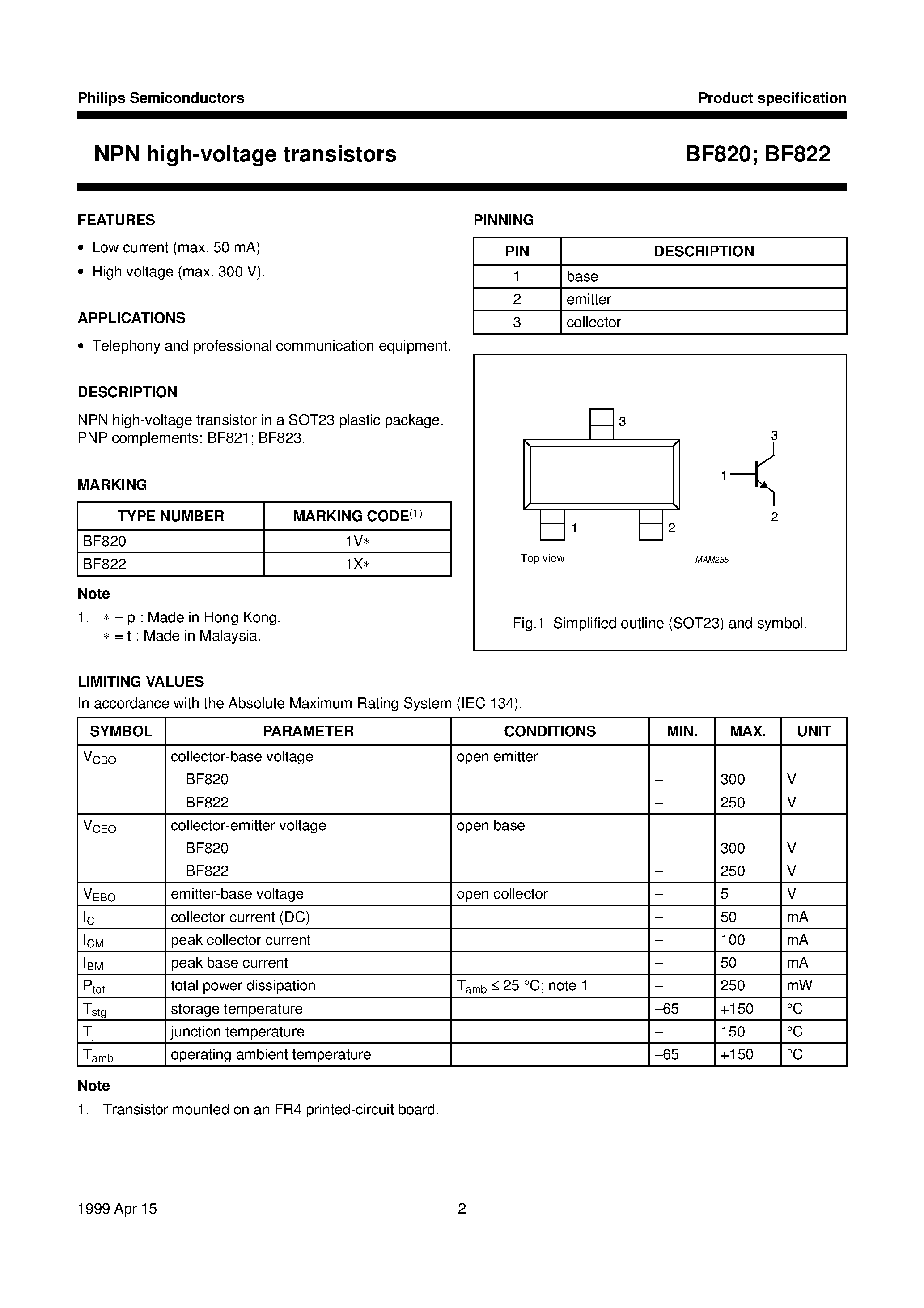Даташит на микросхему BF822 страница 2 Даташит BF822 - NPN high-voltage transistors страница 2