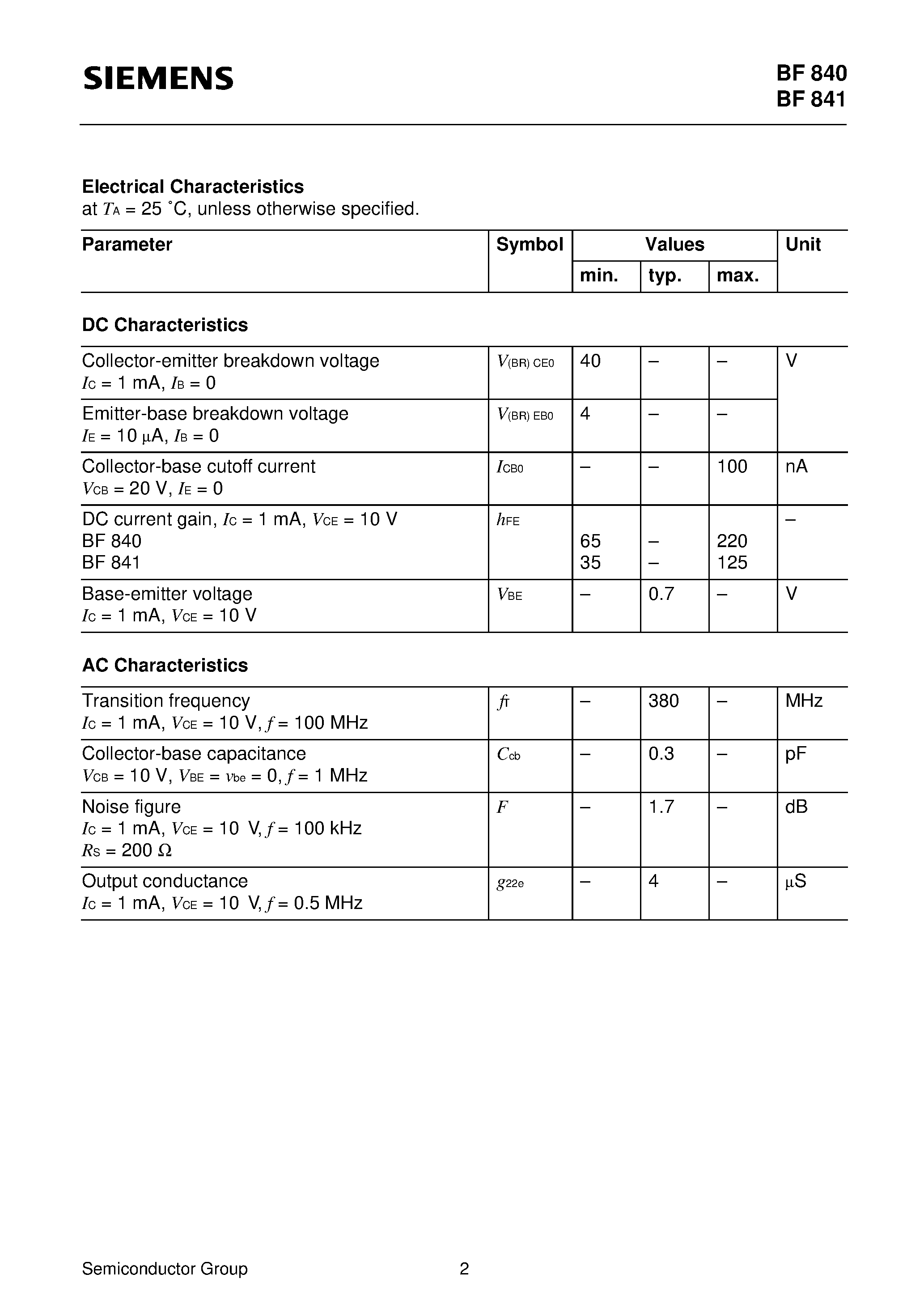 Даташит BF841 - NPN Silicon RF Transistors (Suitable for common emitter RF/ IF amplifiers Low collector-base capacitance due to contact shield diffusion) страница 2