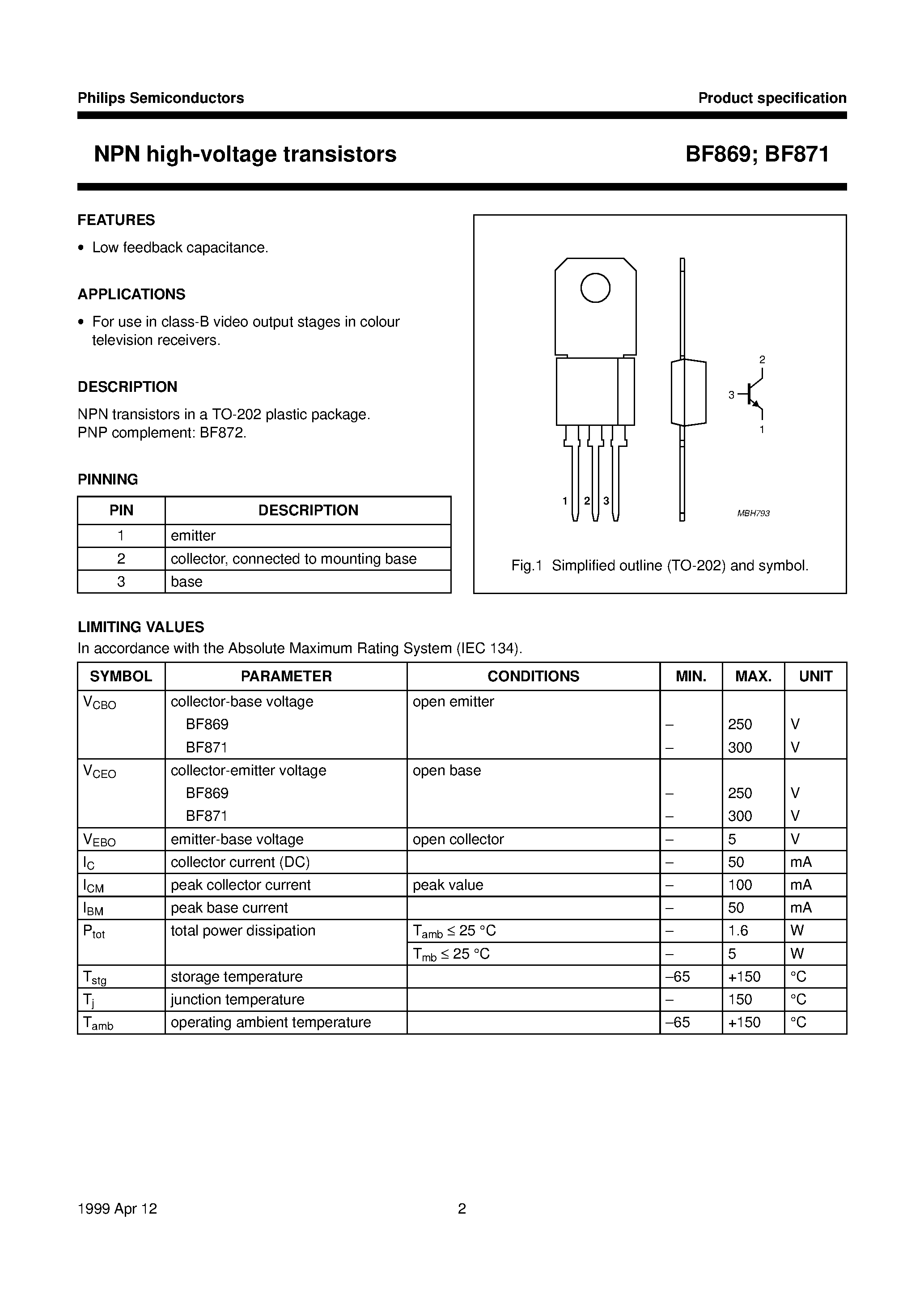 Даташит BF871 - NPN high-voltage transistors страница 2