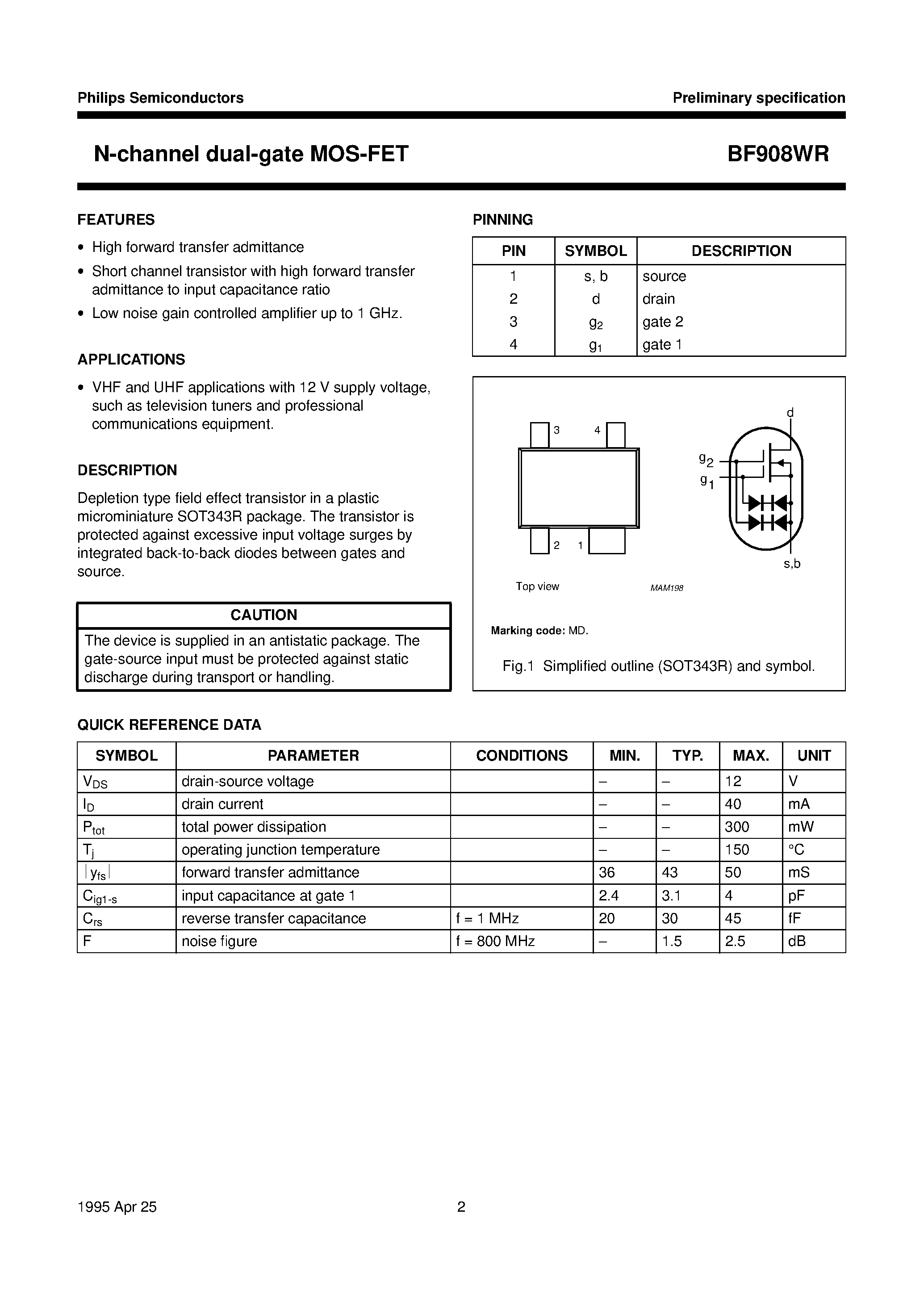 Datasheet BF908WR - N-channel dual-gate MOS-FET page 2