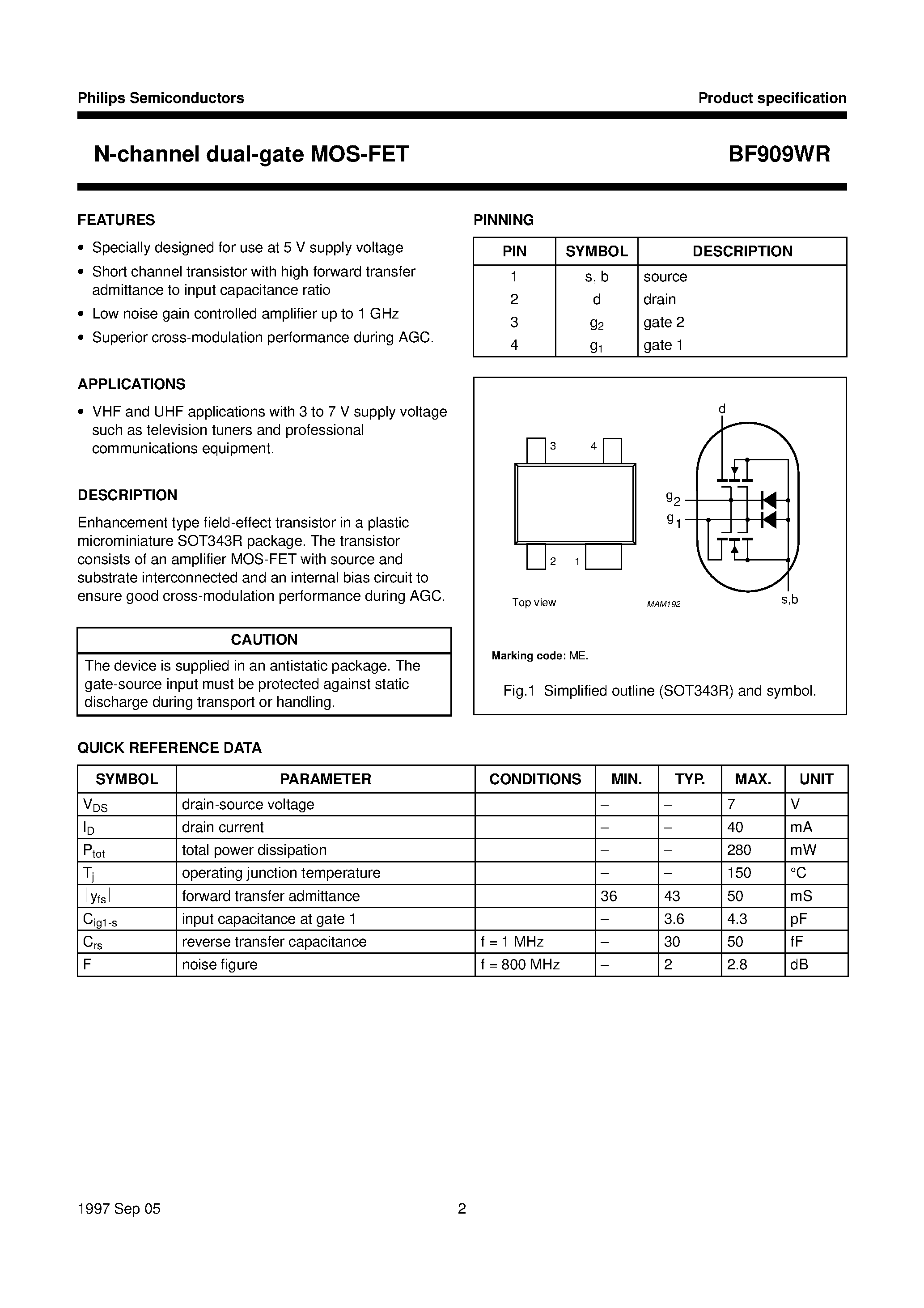 Datasheet BF909WR - N-channel dual-gate MOS-FET page 2