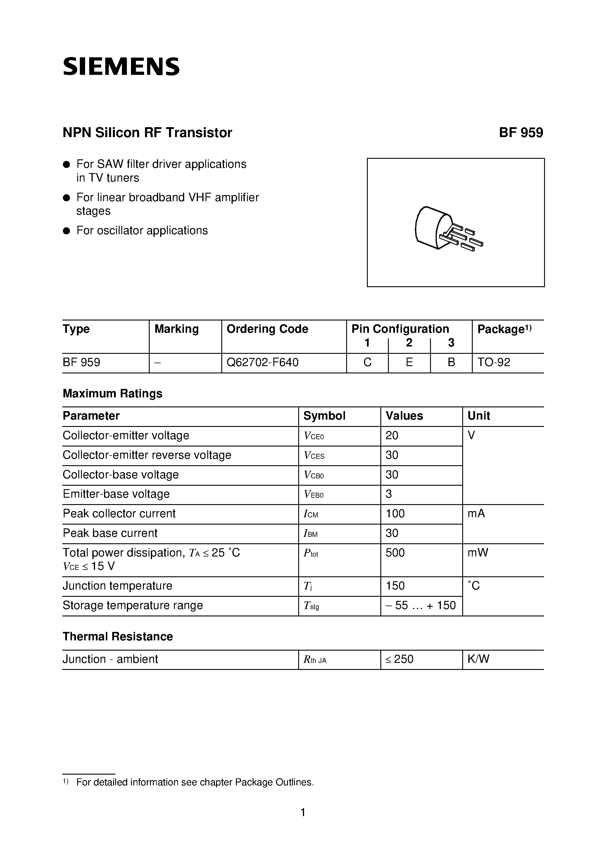 Datasheet BF959 - NPN Silicon RF Transistor (For SAW filter driver applications in TV tuners For linear broadband VHF amplifier stages) page 1