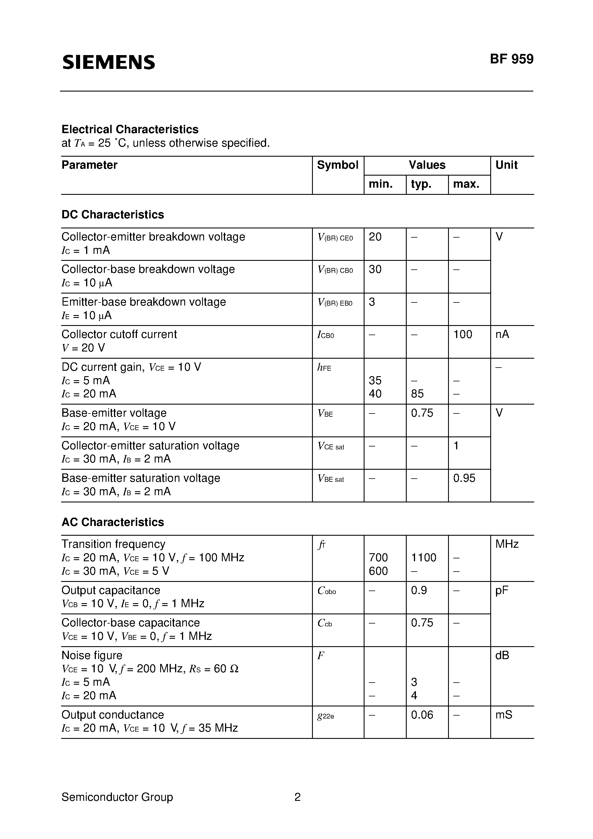Datasheet BF959 - NPN Silicon RF Transistor (For SAW filter driver applications in TV tuners For linear broadband VHF amplifier stages) page 2