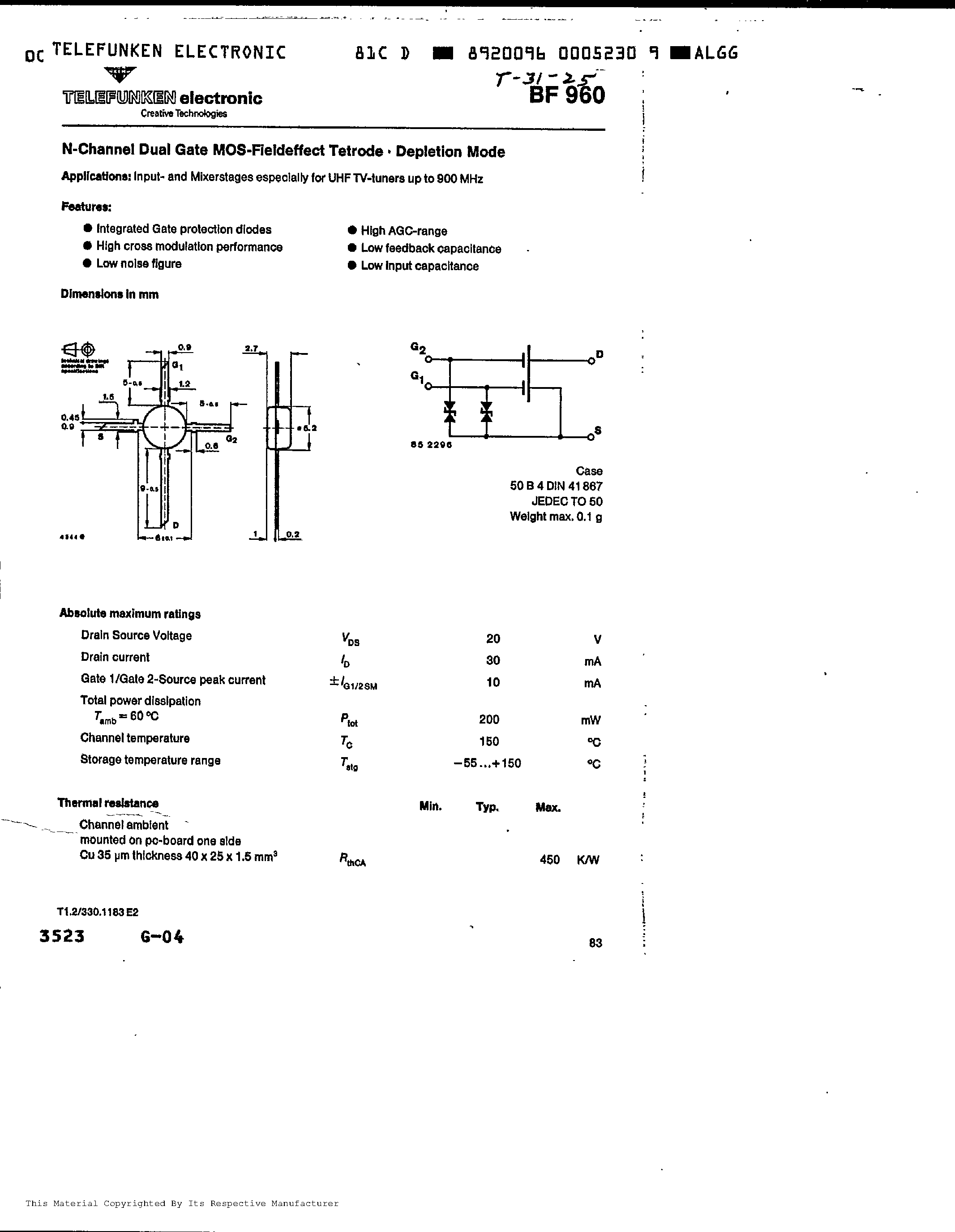Даташит на микросхему BF960 страница 1 Даташит BF960 - N-CHANNEL DUAL GATE MOS-FIELDEFFECT TETRODE.DEPLETION MODE страница 1