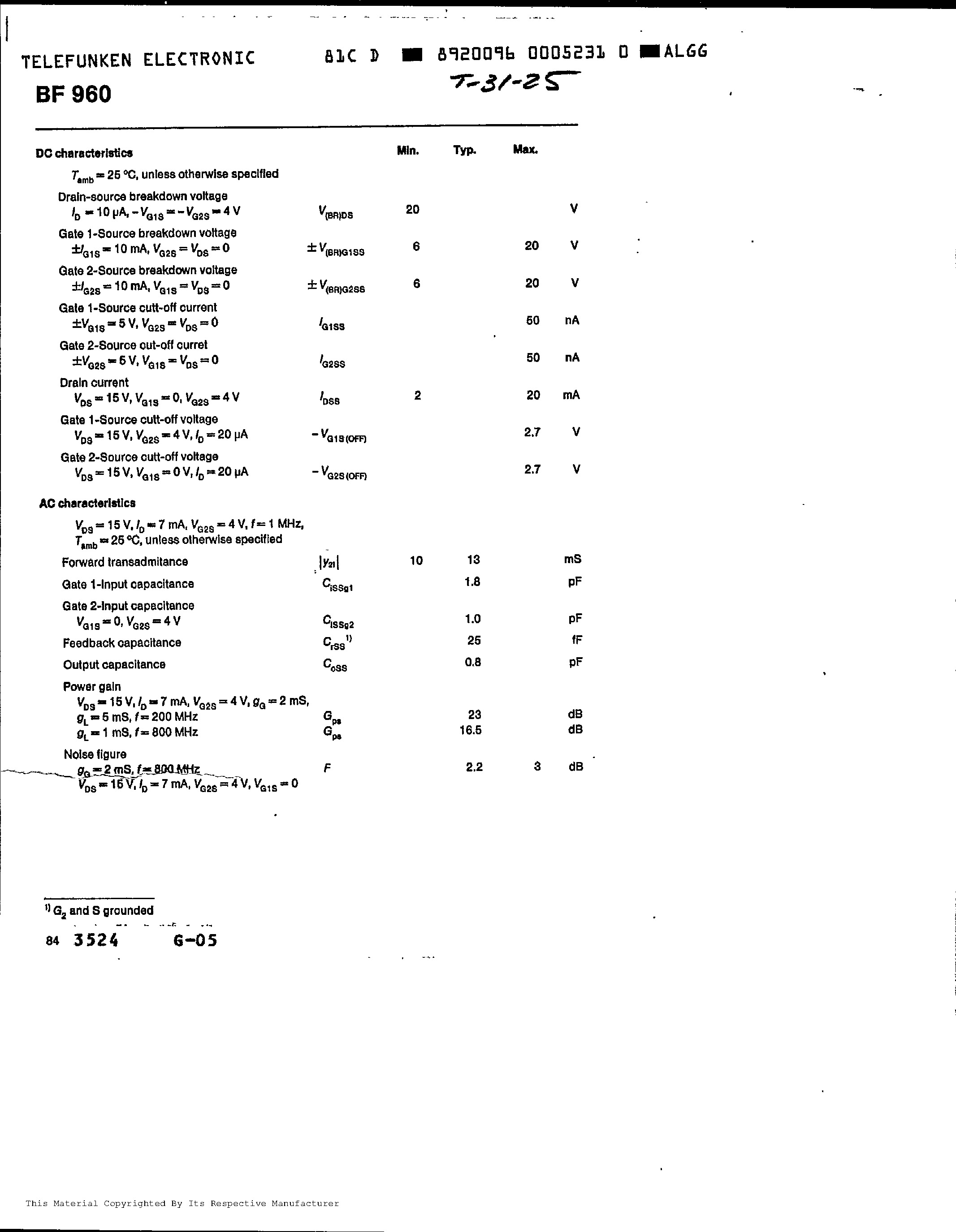 Даташит на микросхему BF960 страница 2 Даташит BF960 - N-CHANNEL DUAL GATE MOS-FIELDEFFECT TETRODE.DEPLETION MODE страница 2