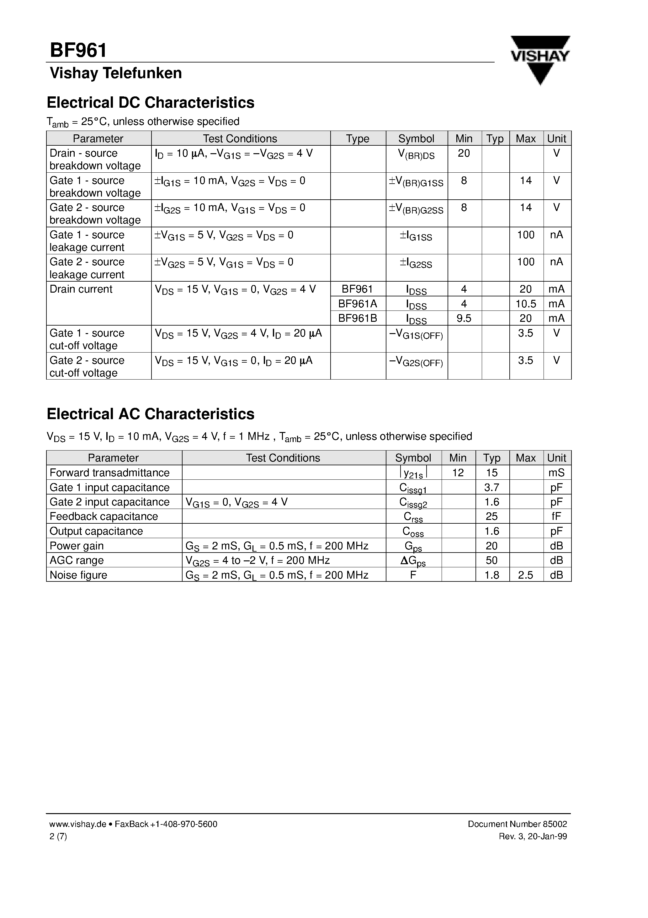 Даташит на микросхему BF961 страница 2 Даташит BF961 - N-Channel Dual Gate MOS-Fieldeffect Tetrode/ Depletion Mode страница 2