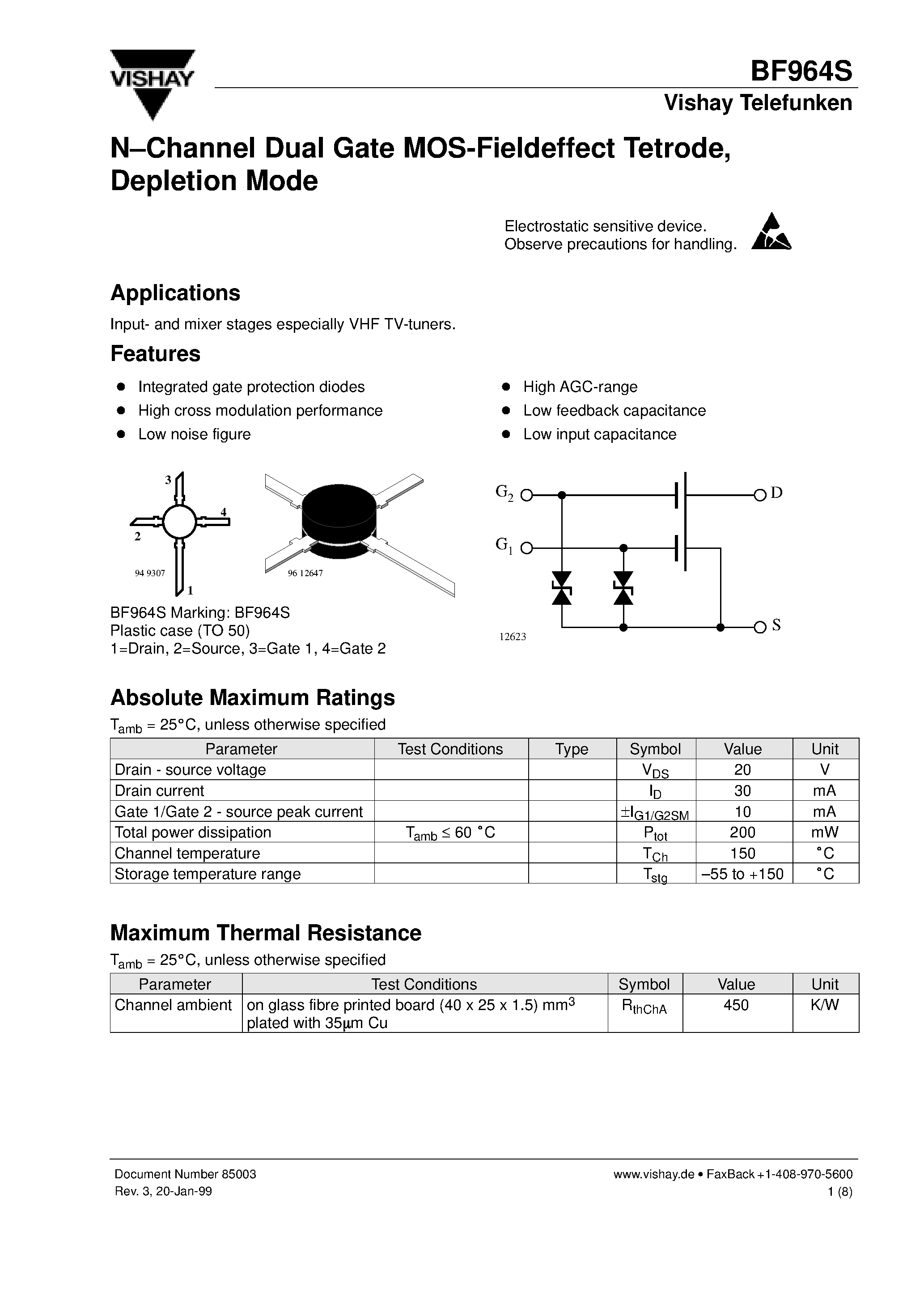 Datasheet BF964 - N-Channel Dual Gate MOS-Fieldeffect Tetrode/ Depletion Mode page 1
