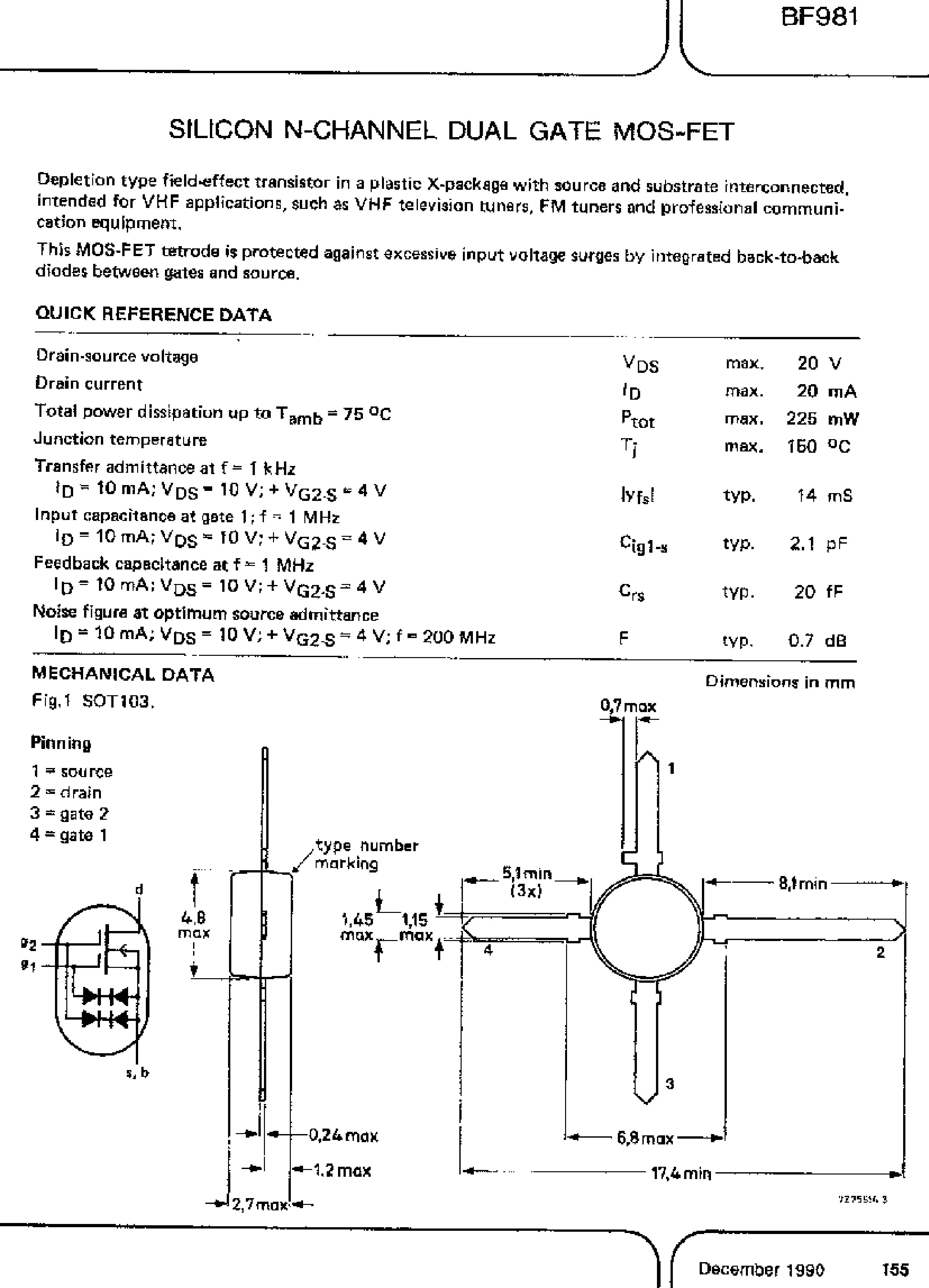 Datasheet BF981 - SILICON N-CHANNEL DUAL GATE MOS-FET page 1