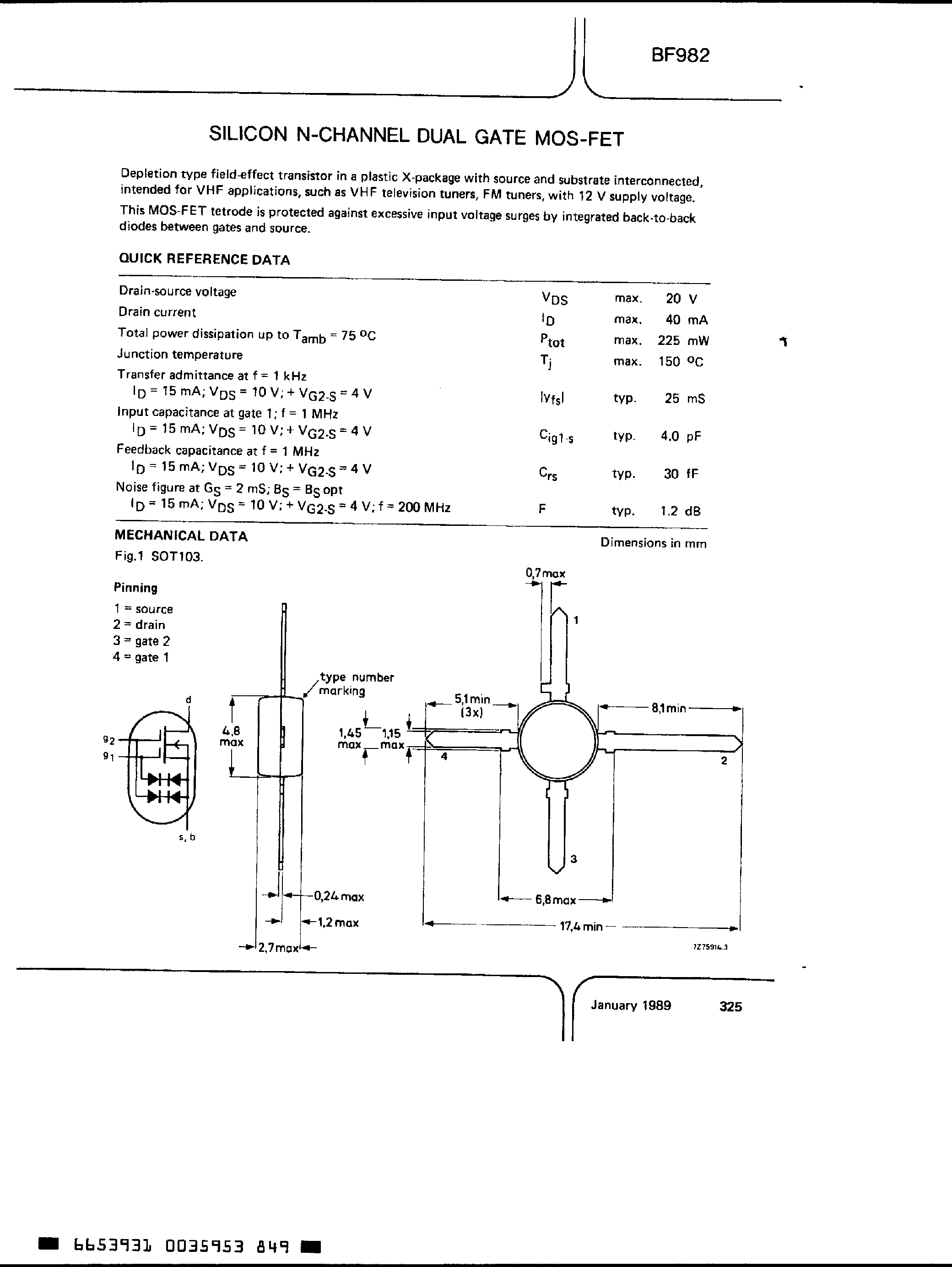 Datasheet BF982 - SILICON N-CHANNEL DUAL GATE MOS-FET page 1