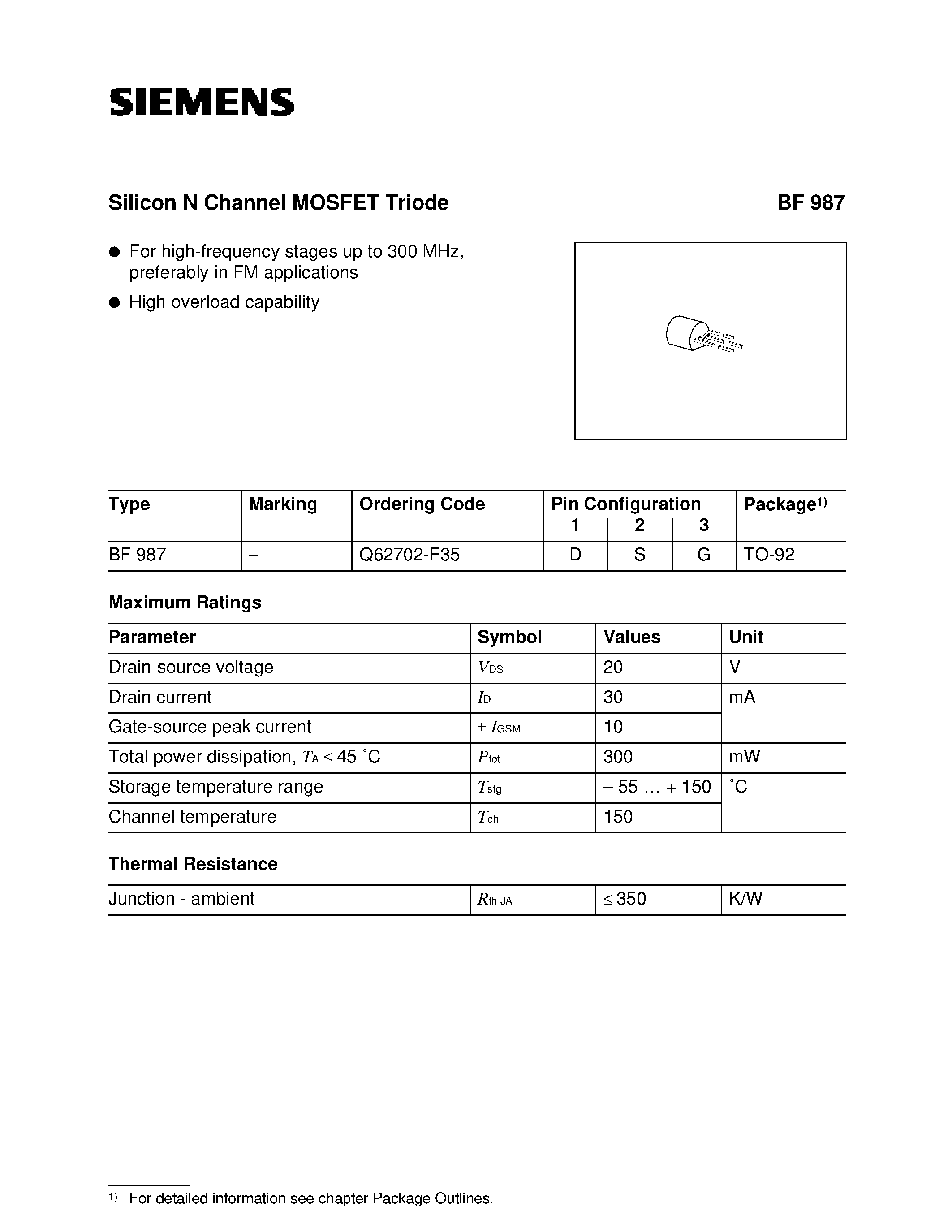 Datasheet BF987 - SILICON N CHANNEL MOSFET TRIODE (For high-frequency stages up to 300 MHz/ preferably in FM applications High overload capability) page 1