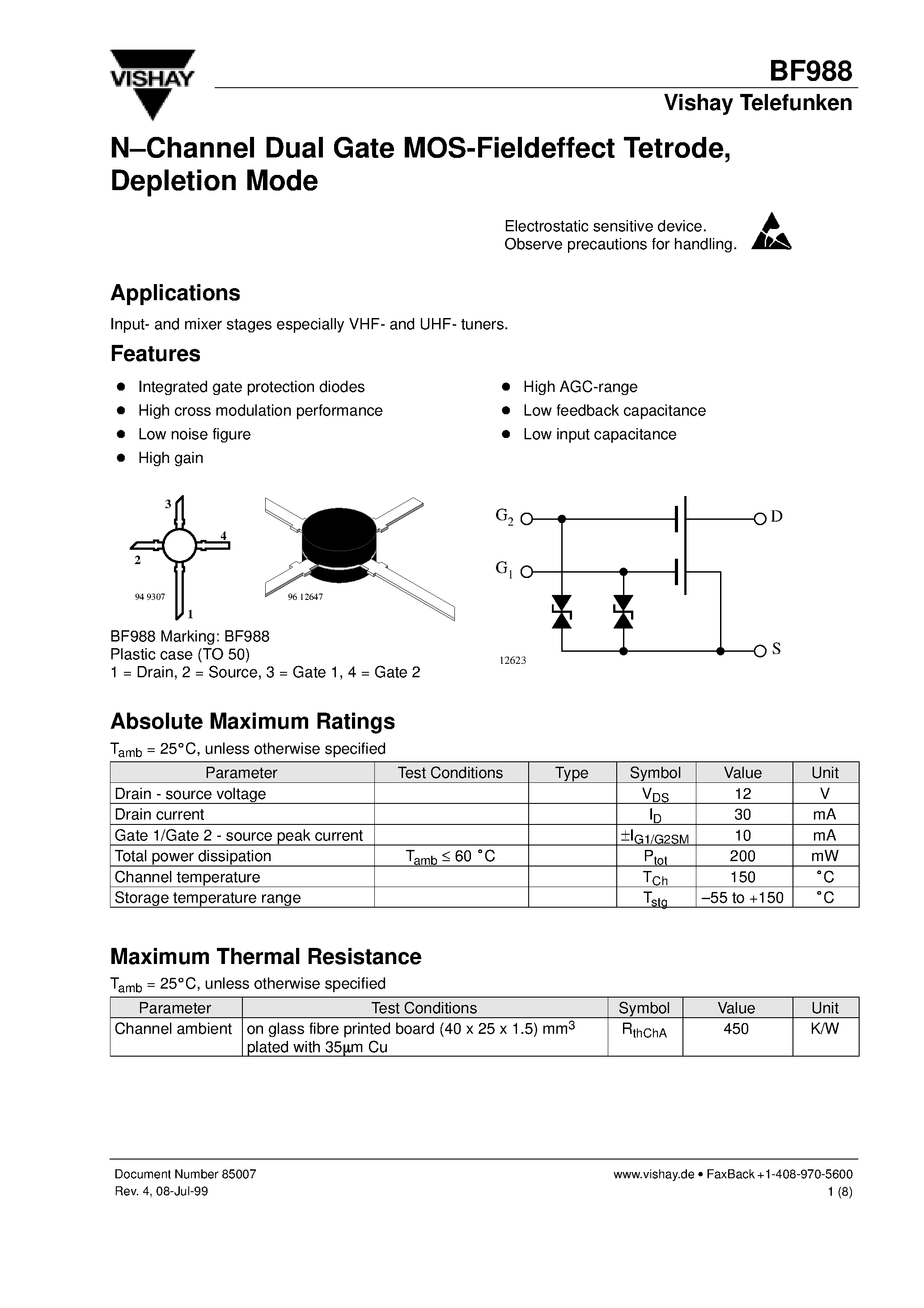 Datasheet BF988 - N-Channel Dual Gate MOS-Fieldeffect Tetrode/ Depletion Mode page 1