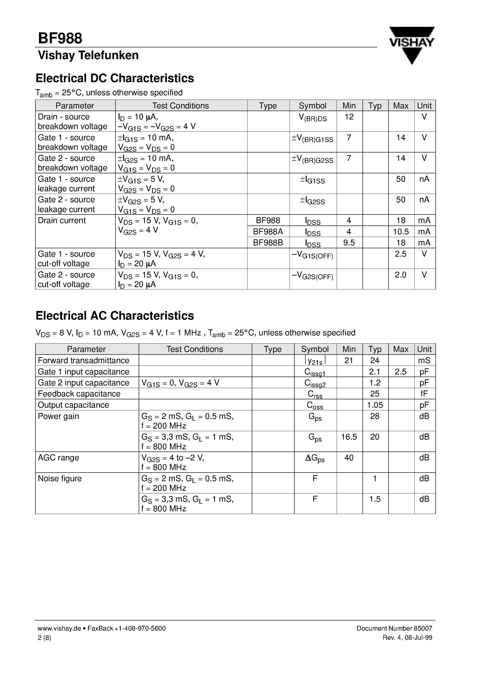 Datasheet BF988 - N-Channel Dual Gate MOS-Fieldeffect Tetrode/ Depletion Mode page 2
