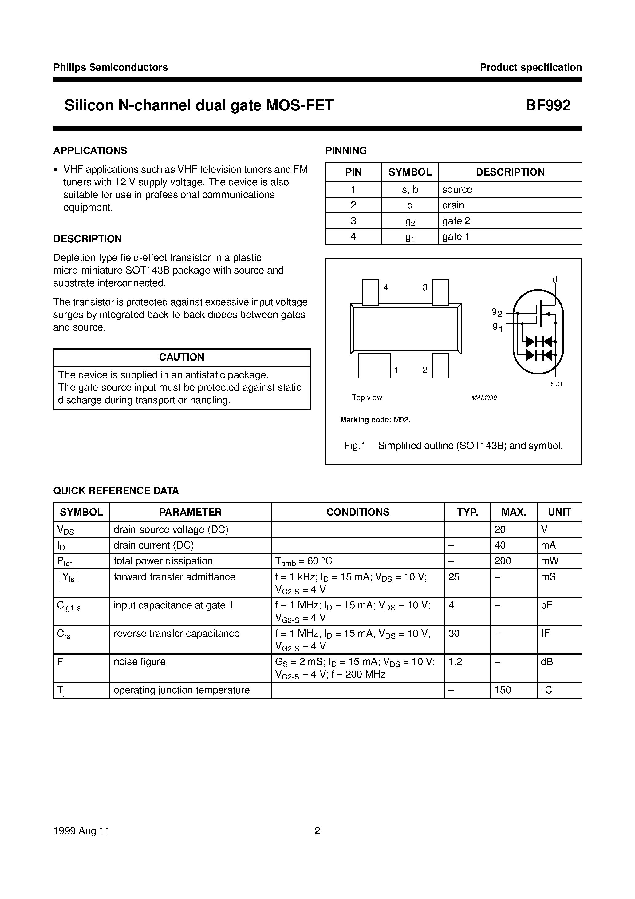 Datasheet BF992 - Silicon N-channel dual gate MOS-FET page 2