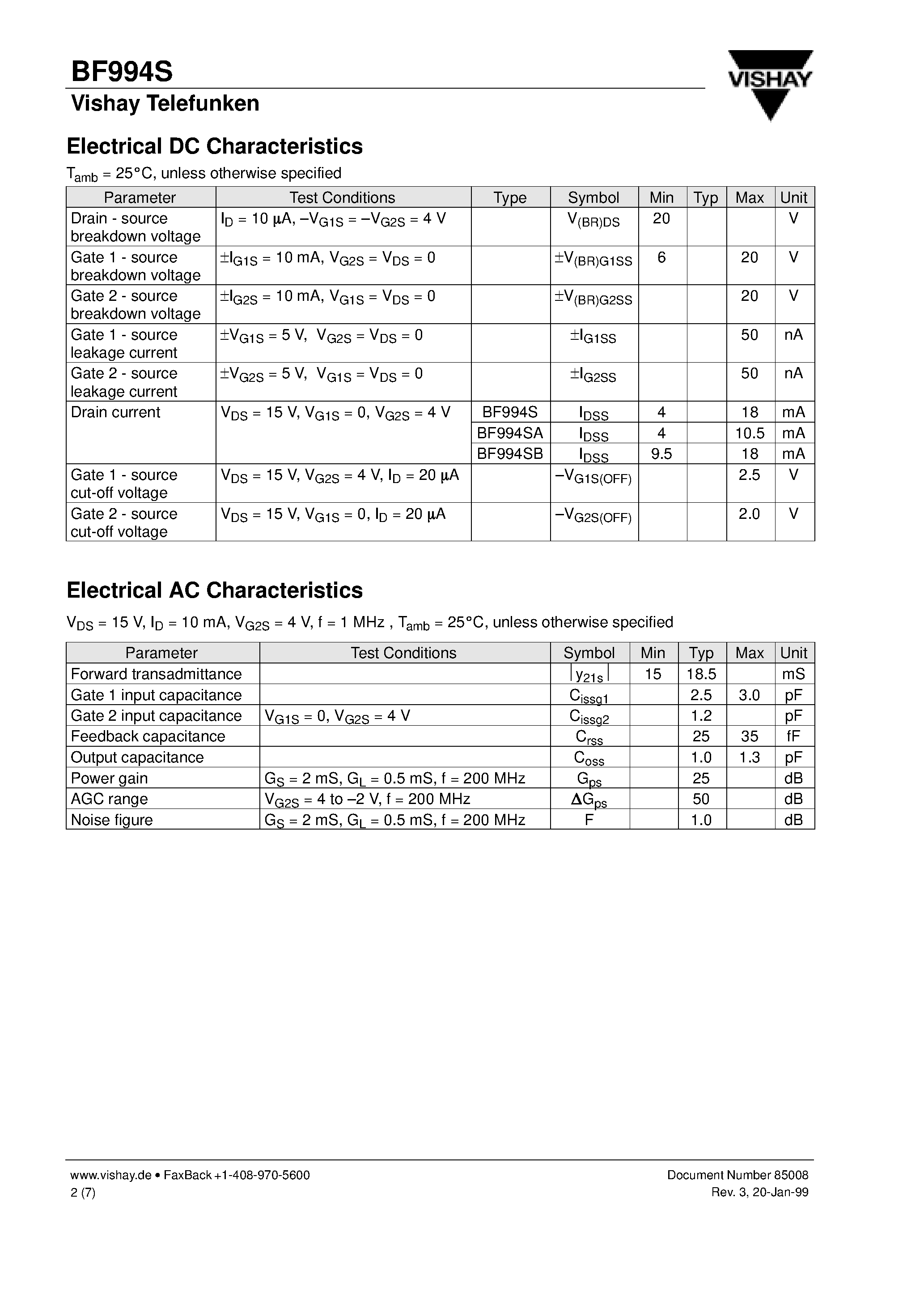 Datasheet BF994SB - N-Channel Dual Gate MOS-Fieldeffect Tetrode/ Depletion Mode page 2