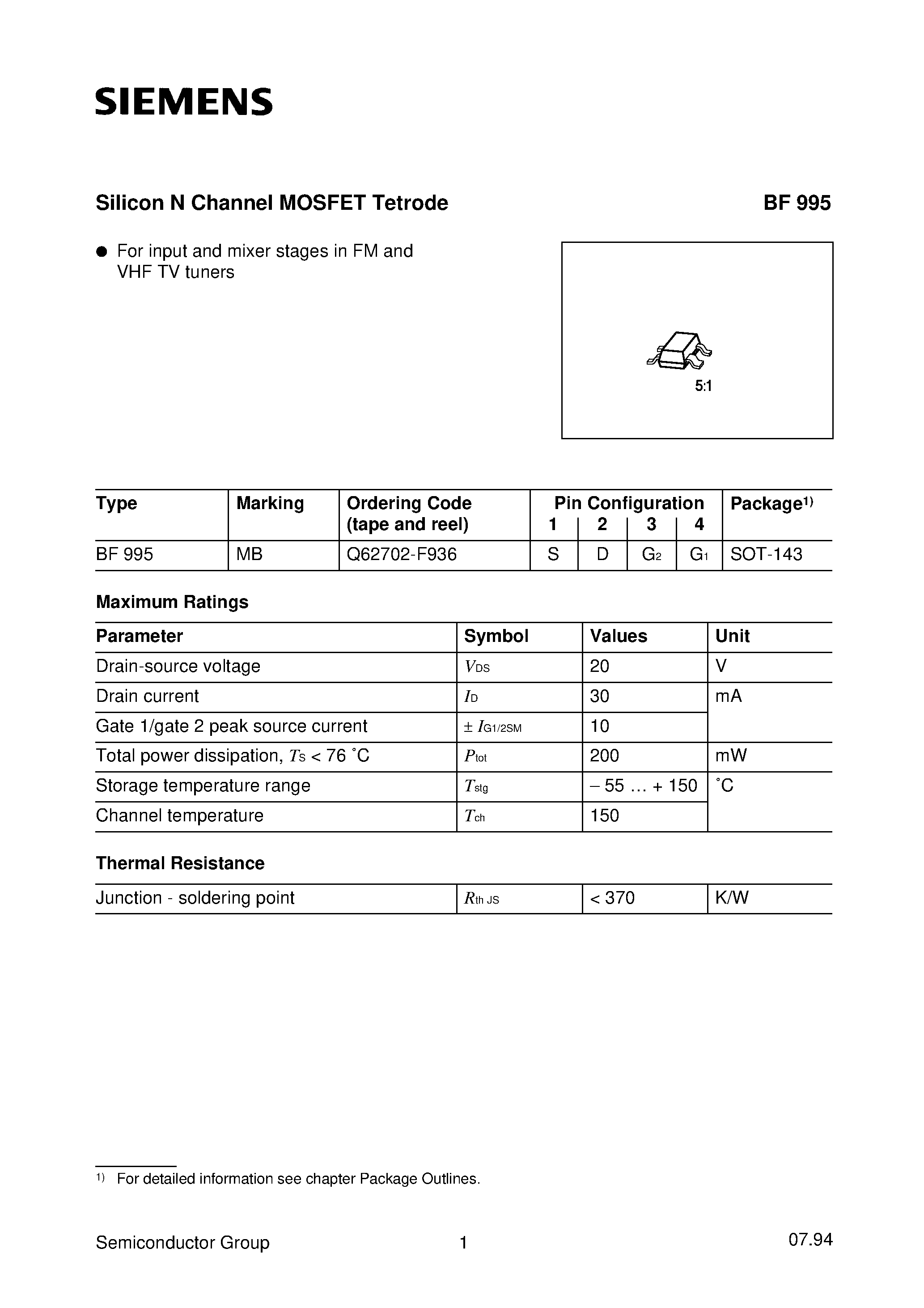 Datasheet BF995 - Silicon N Channel MOSFET Tetrode (For input and mixer stages in FM and VHF TV tuners) page 1