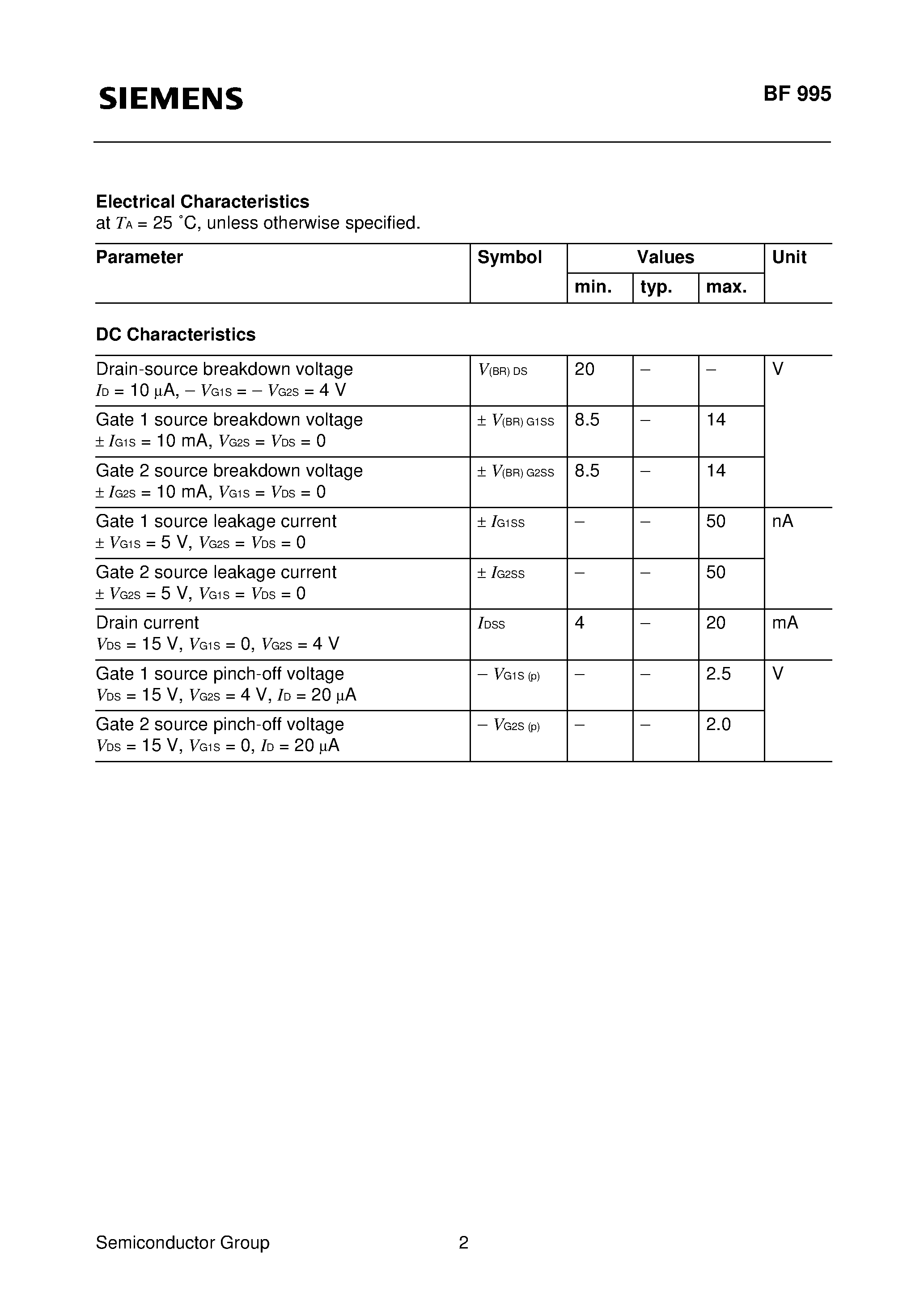 Datasheet BF995 - Silicon N Channel MOSFET Tetrode (For input and mixer stages in FM and VHF TV tuners) page 2