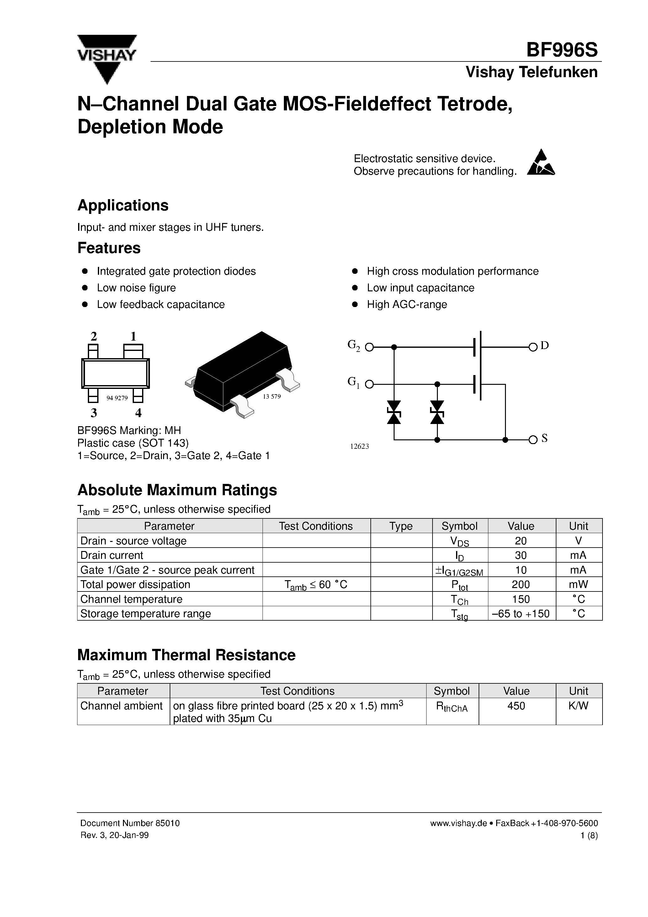 Datasheet BF996S - N.Channel Dual Gate MOS-Fieldeffect Tetrode/ Depletion Mode page 1